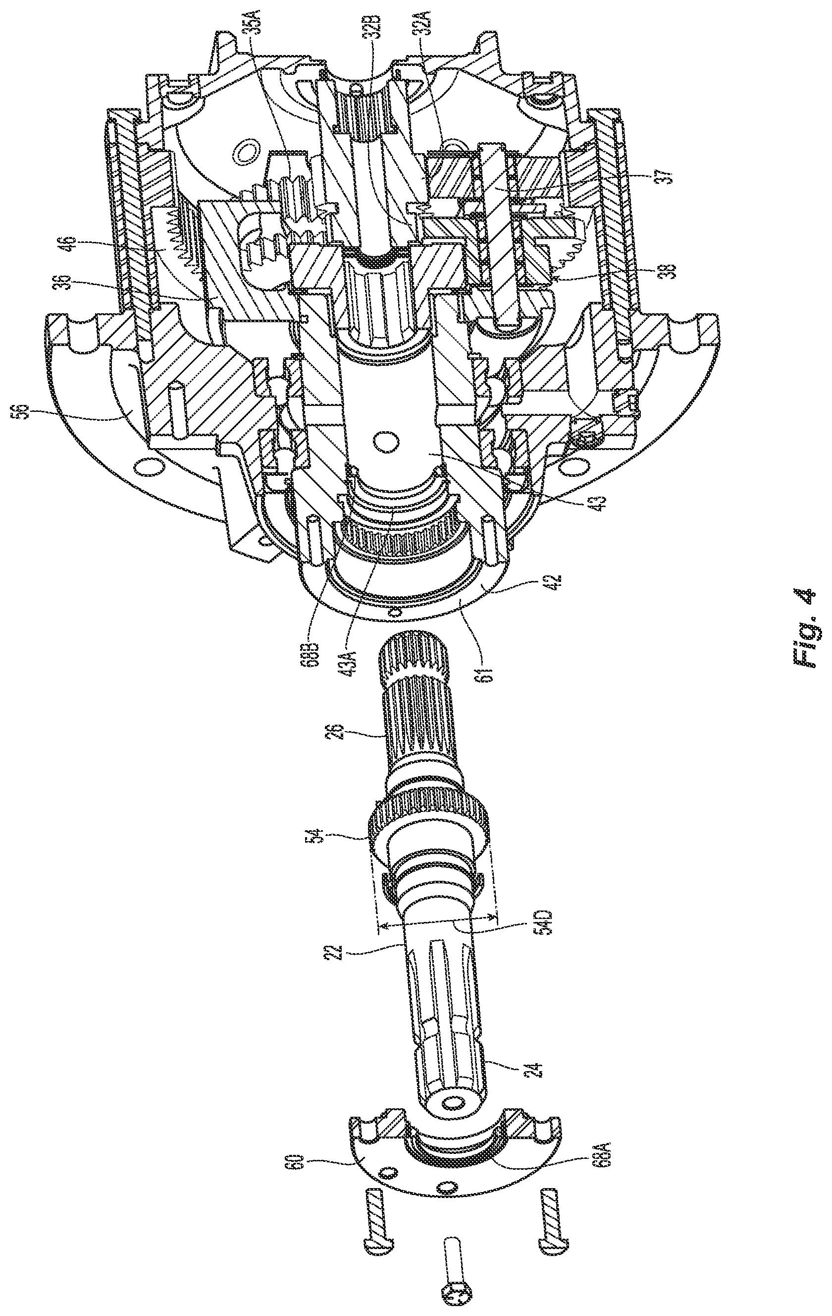 Patent US12092203 Figure 4 – Planetary gear assembly with reversible PTO shaft