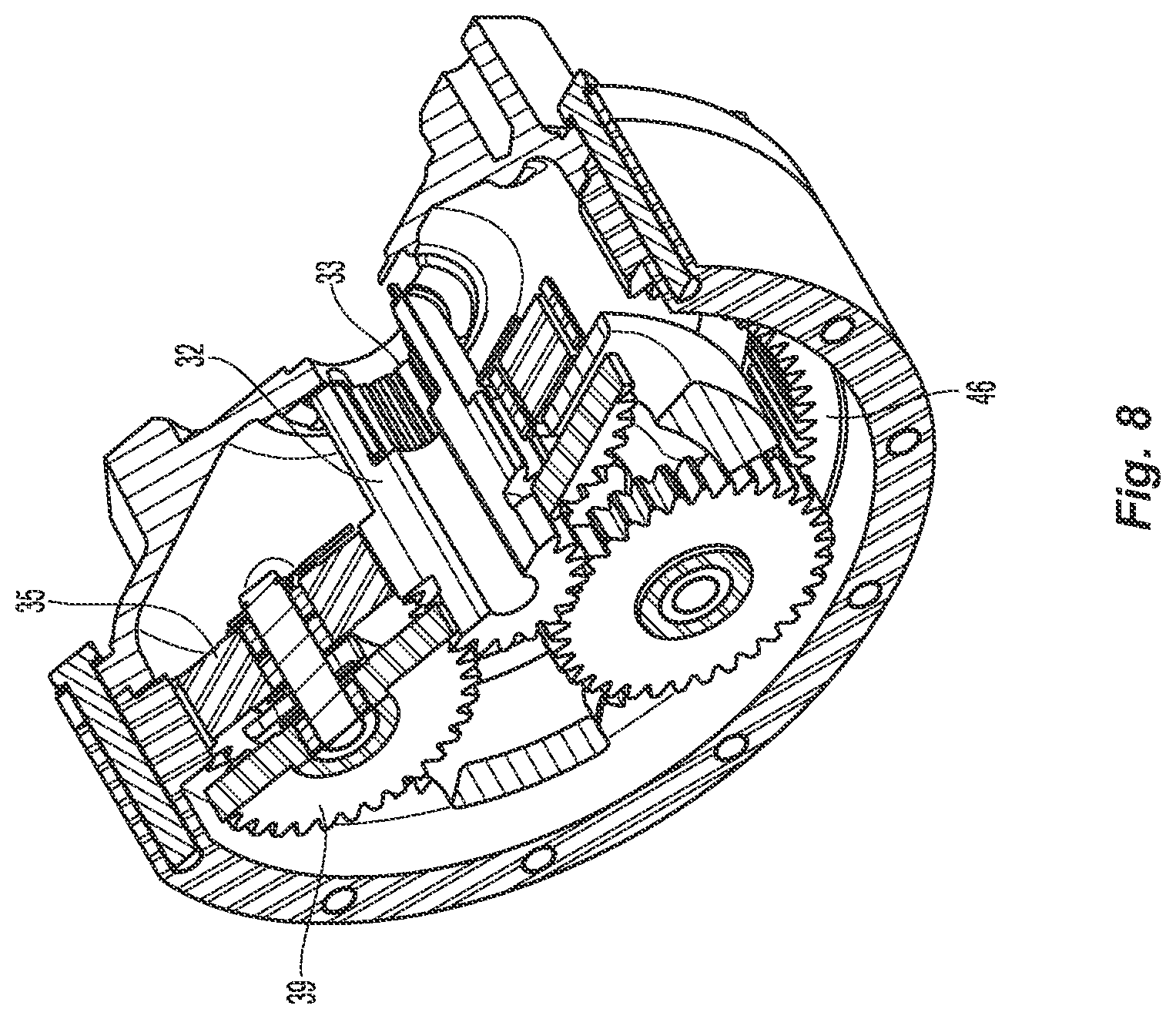 Patent US12092203 Figure 8 – Planetary gear assembly with reversible PTO shaft