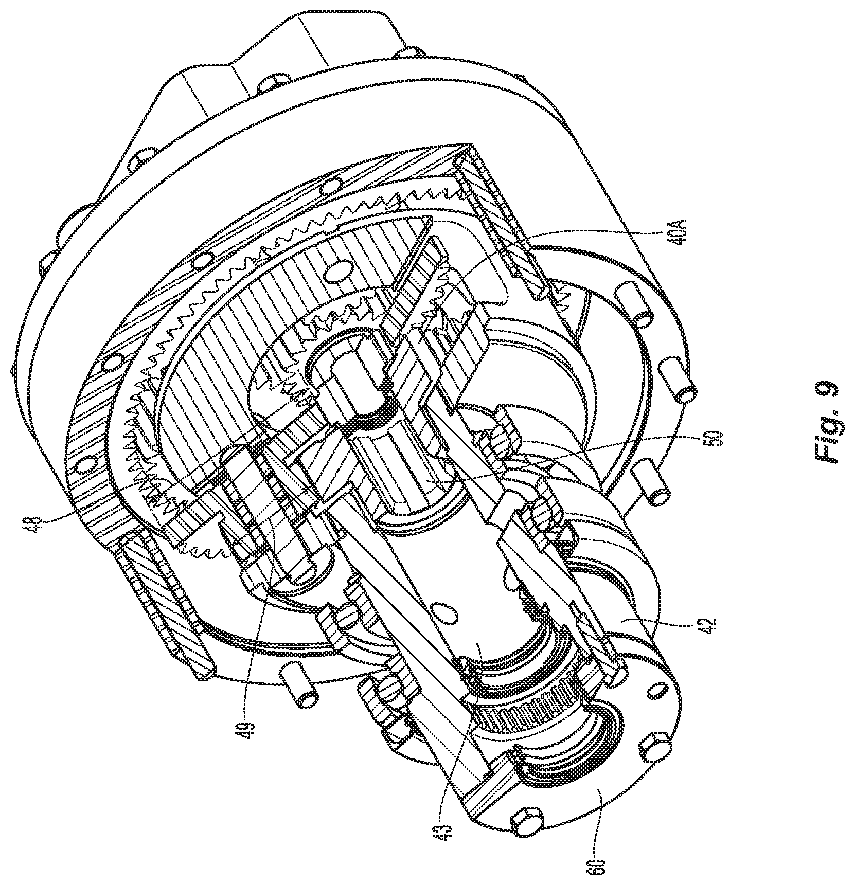 Patent US12092203 Figure 9 – Planetary gear assembly with reversible PTO shaft