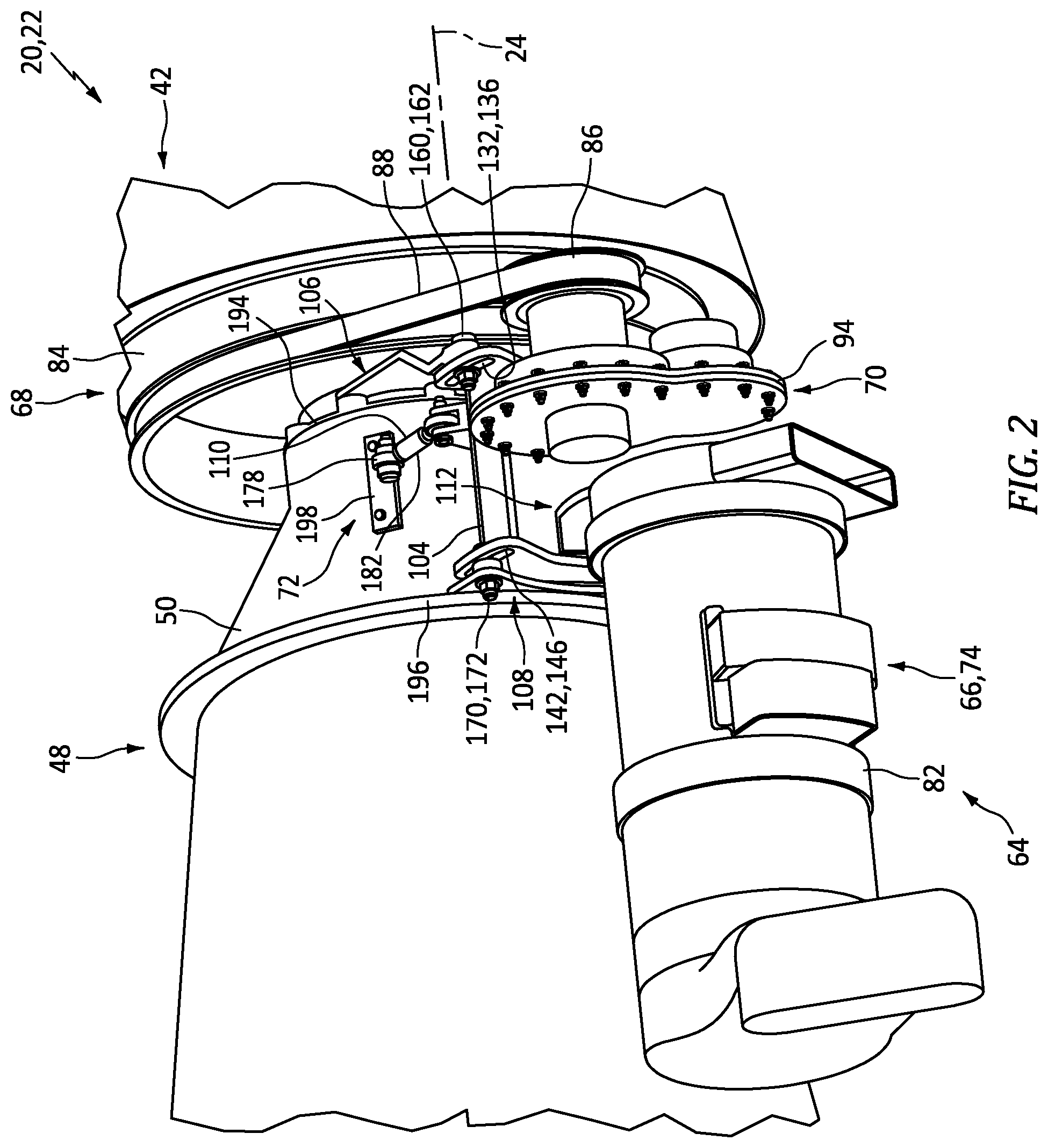 Patent US12092214 Figure 2 – Adjustable mounting assembly for tension member driven device