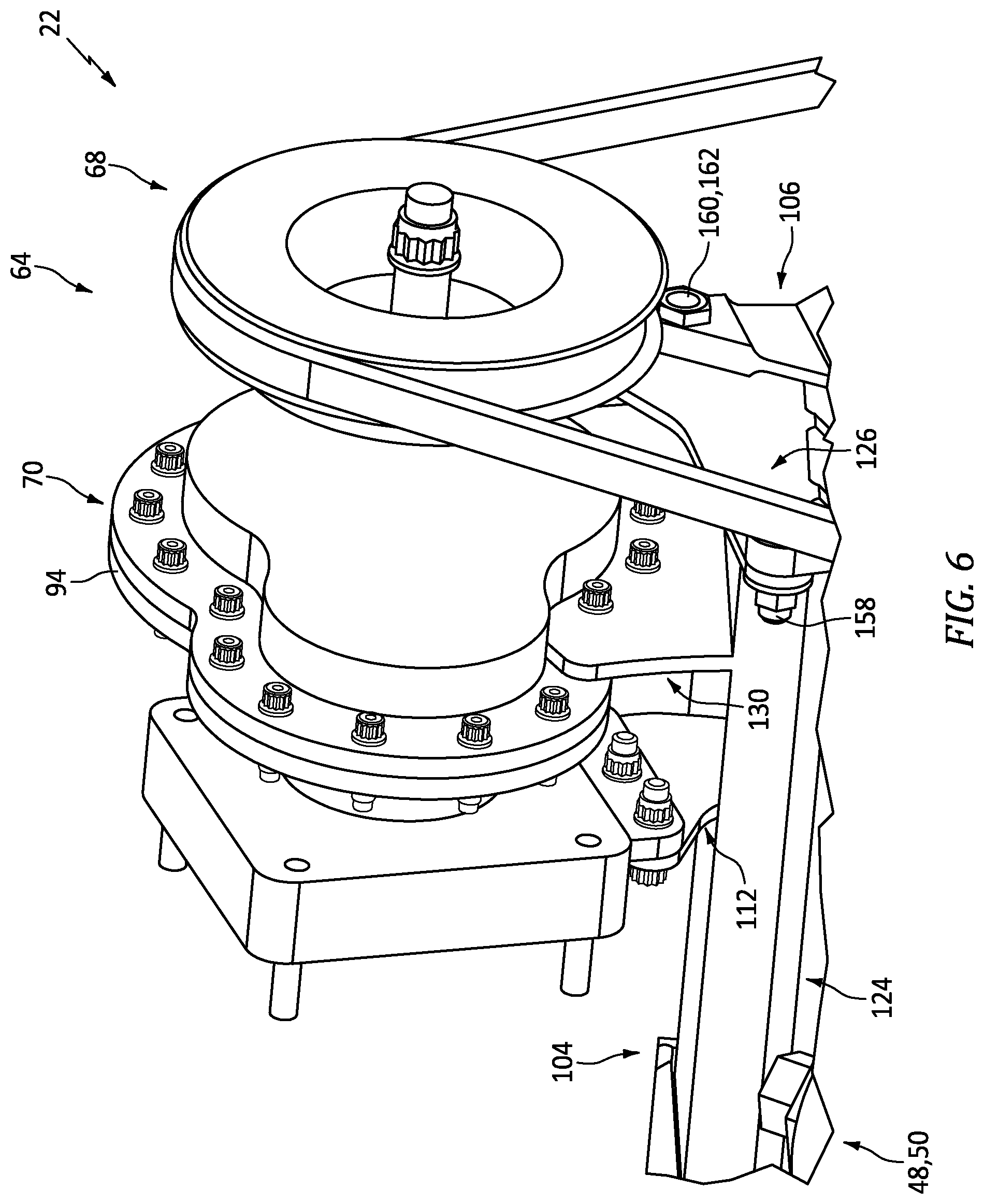 Patent US12092214 Figure 6 – Adjustable mounting assembly for tension member driven device