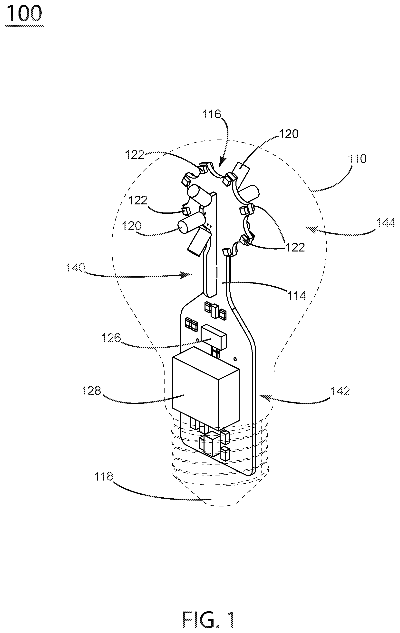 Patent US12092303 Figure 1 – Light bulb with combination incandescent and LED illumination
