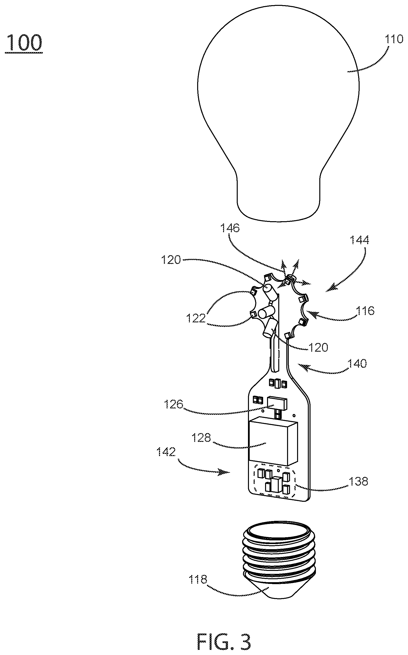 Patent US12092303 Figure 3 – Light bulb with combination incandescent and LED illumination