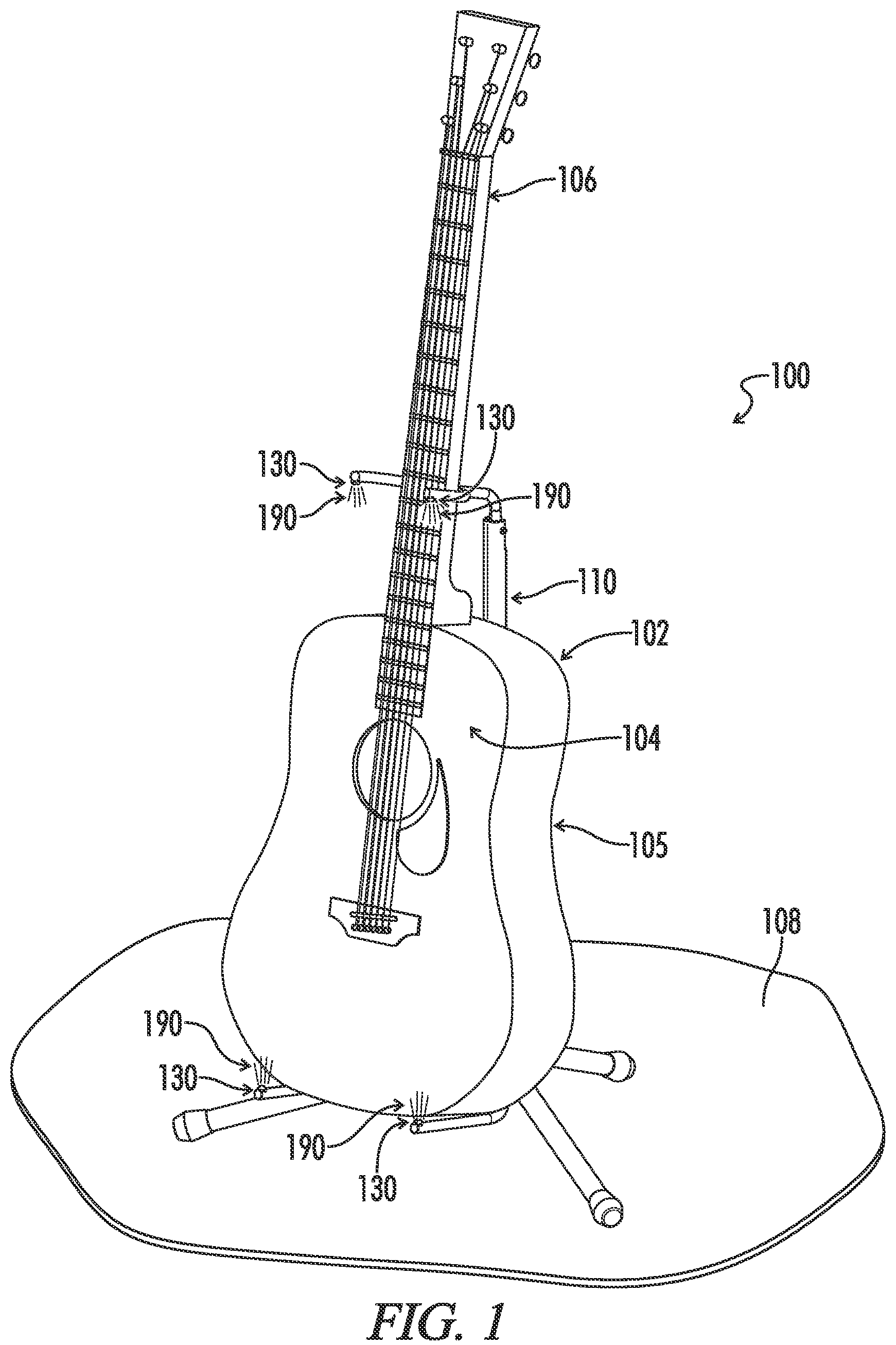 Patent US12092314 Figure 1 – Illuminated guitar stand system, retrofit kit, and method thereof