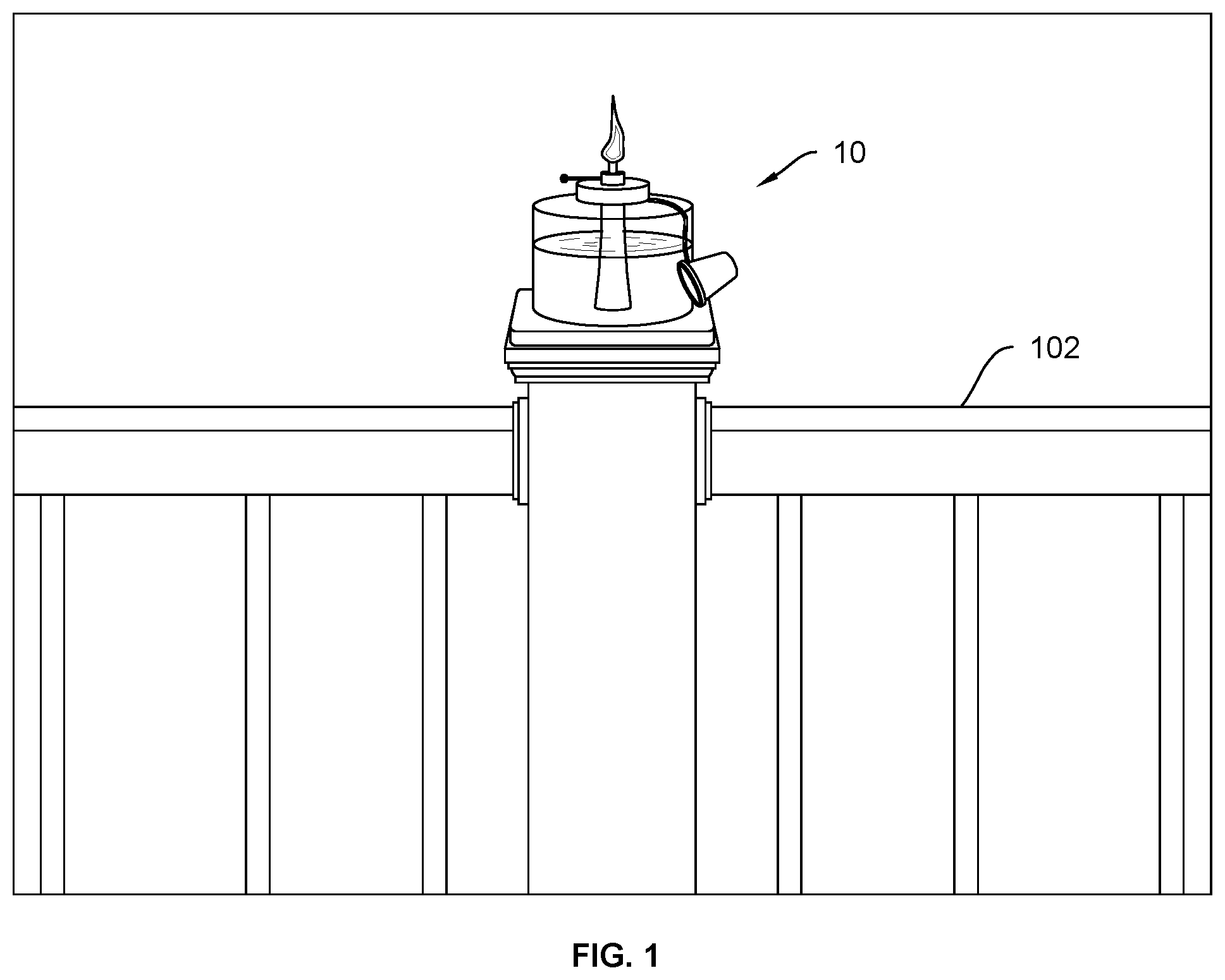 Patent US12092317 Figure 1 – Oil lamp for deck railing