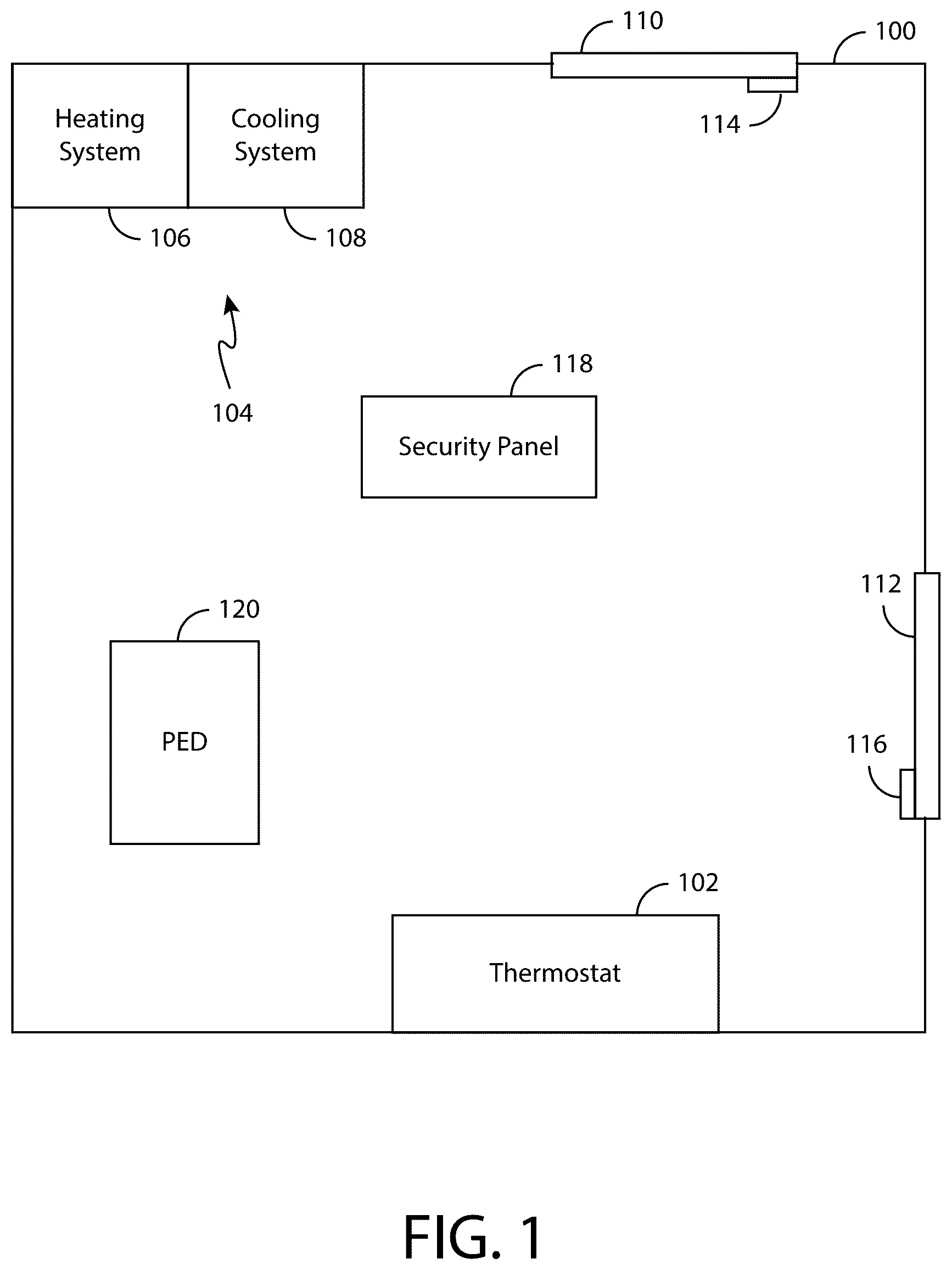 Patent US12092350 Figure 1 – System, method and apparatus for using security sensors in connection with a thermostat