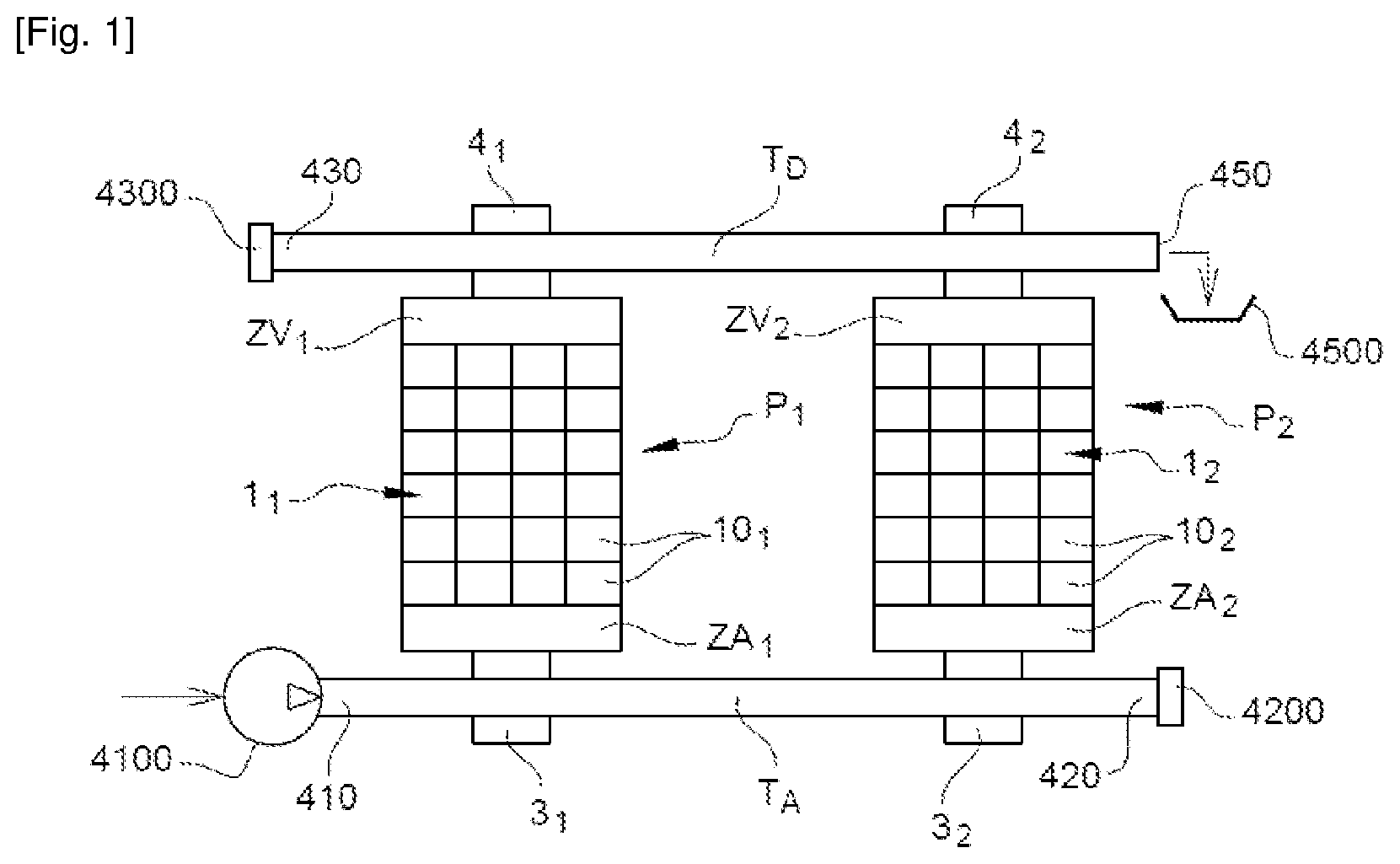 Patent US12092372 Figure 1 – Installation comprising a connector for the fluid connection of a heat exchanger of at least one hybrid solar panel