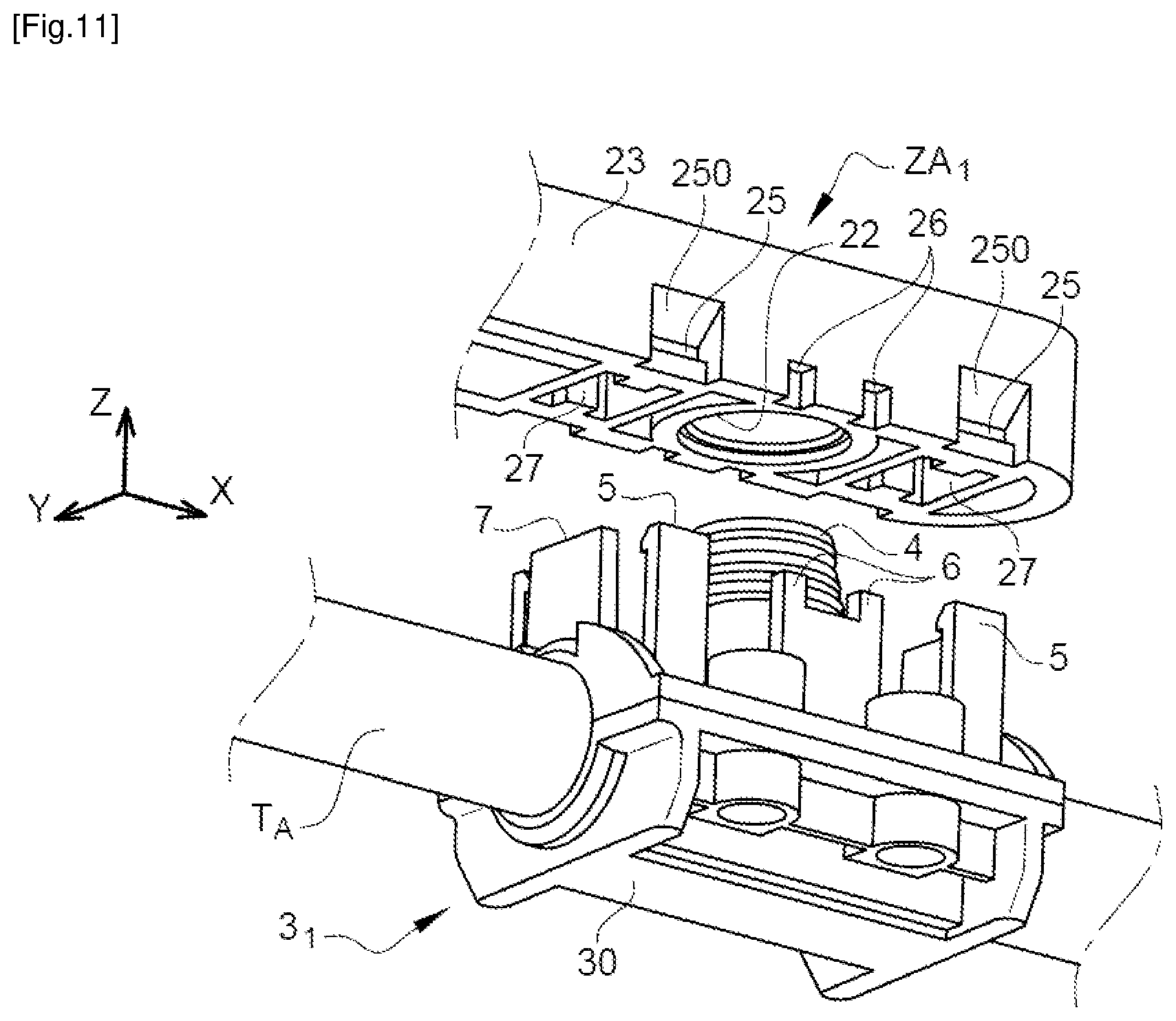 Patent US12092372 Figure 11 – Installation comprising a connector for the fluid connection of a heat exchanger of at least one hybrid solar panel
