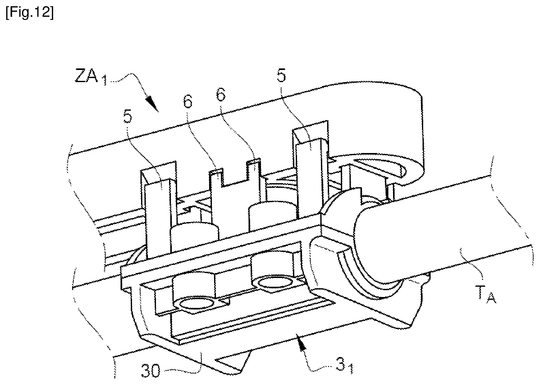 Patent US12092372 Figure 12 – Installation comprising a connector for the fluid connection of a heat exchanger of at least one hybrid solar panel