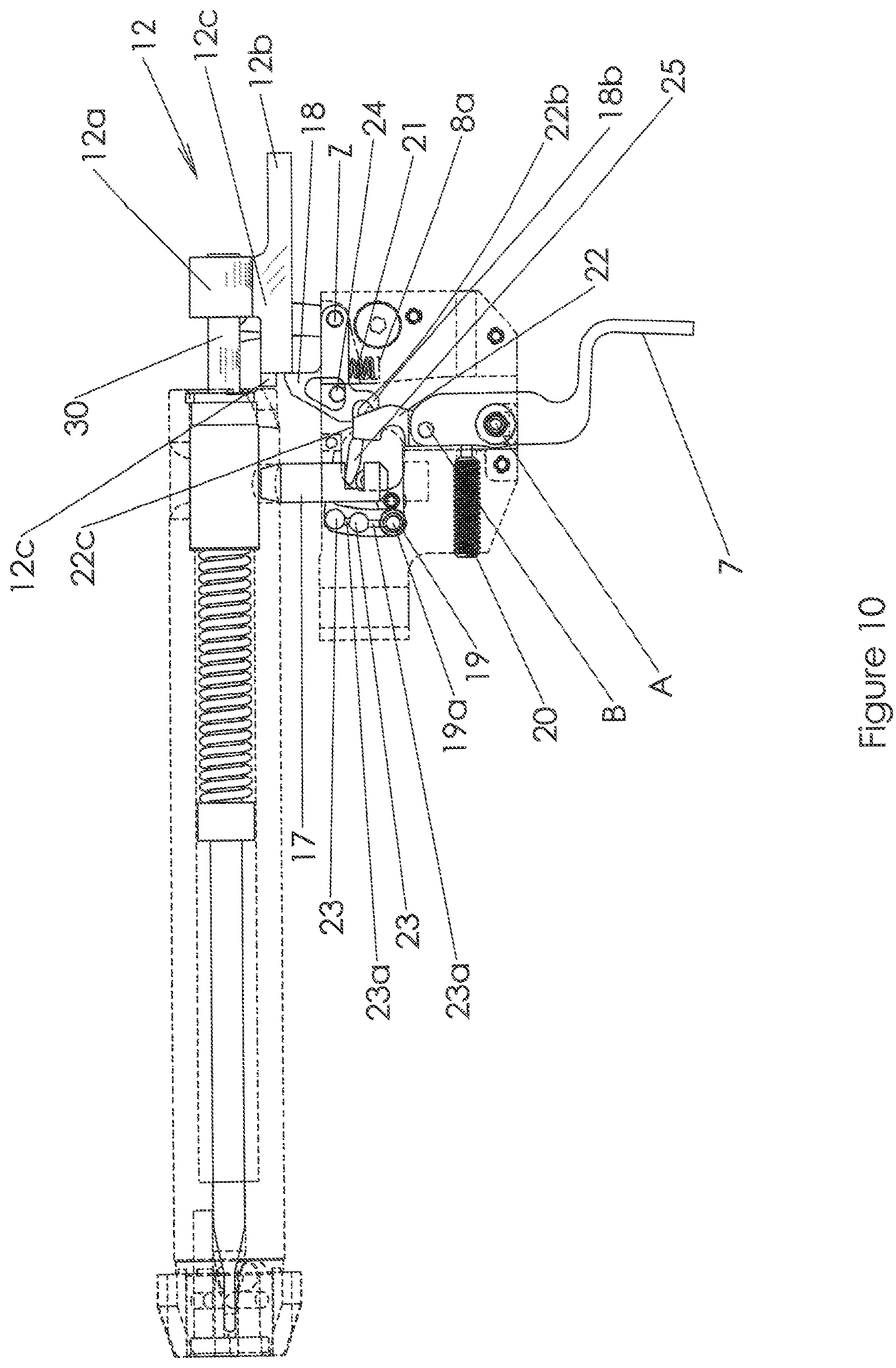 Patent US12092409 Figure 10 – Trigger mechanism for a rifle