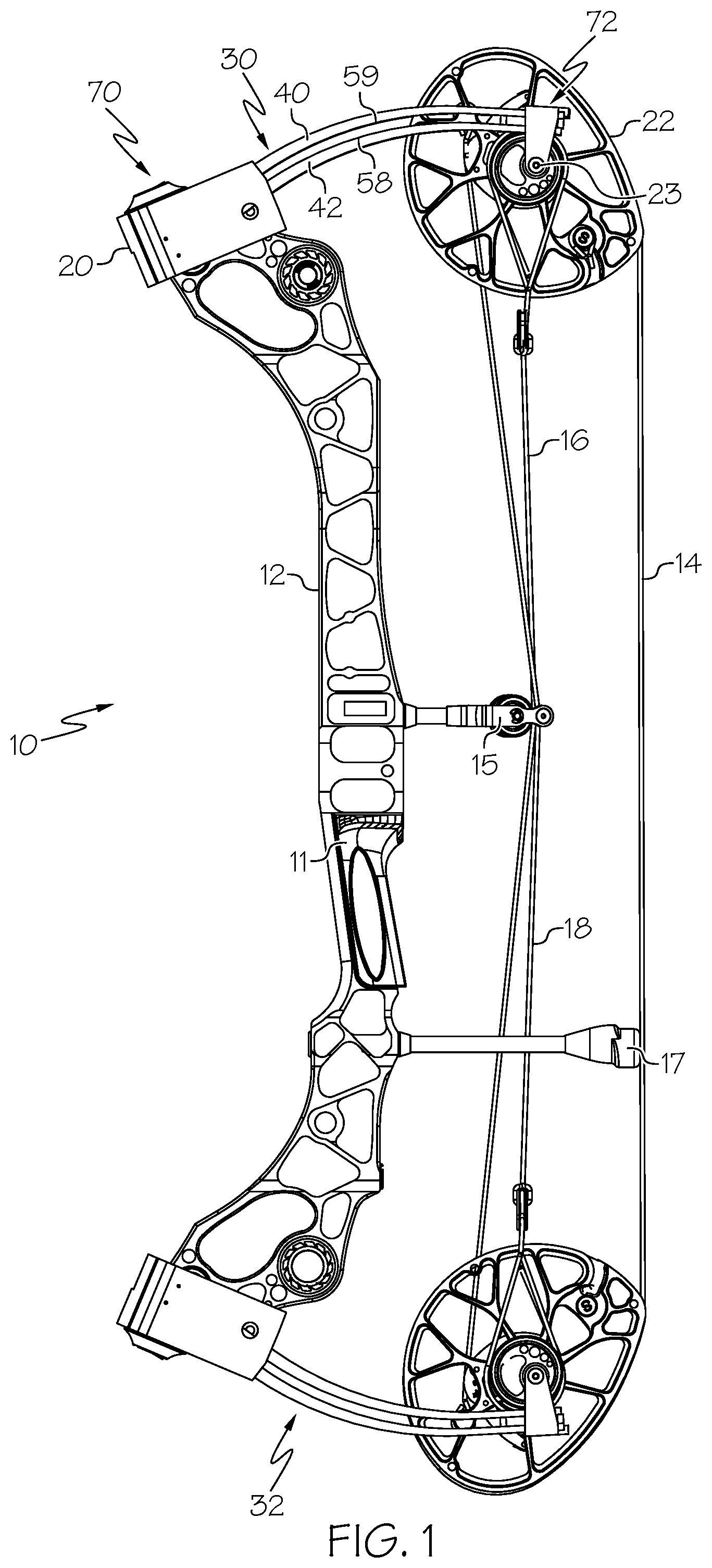 Patent US12092424 Figure 1 – Archery bow with stacked limbs
