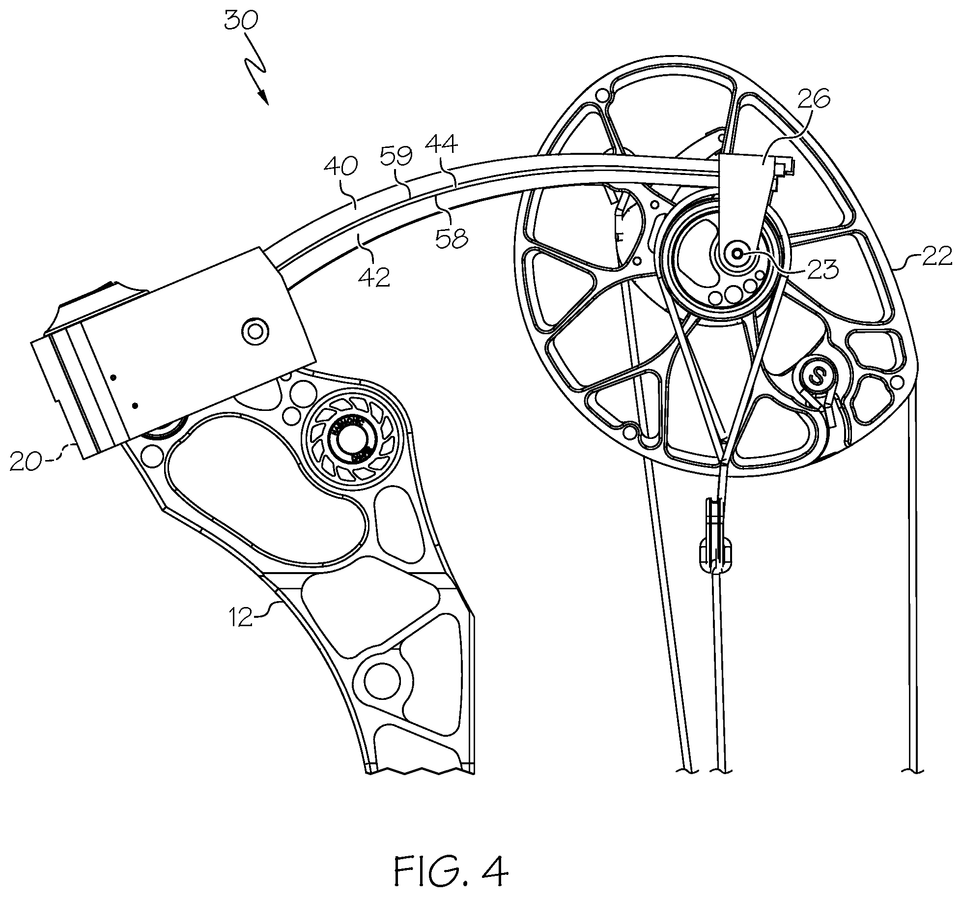 Patent US12092424 Figure 4 – Archery bow with stacked limbs