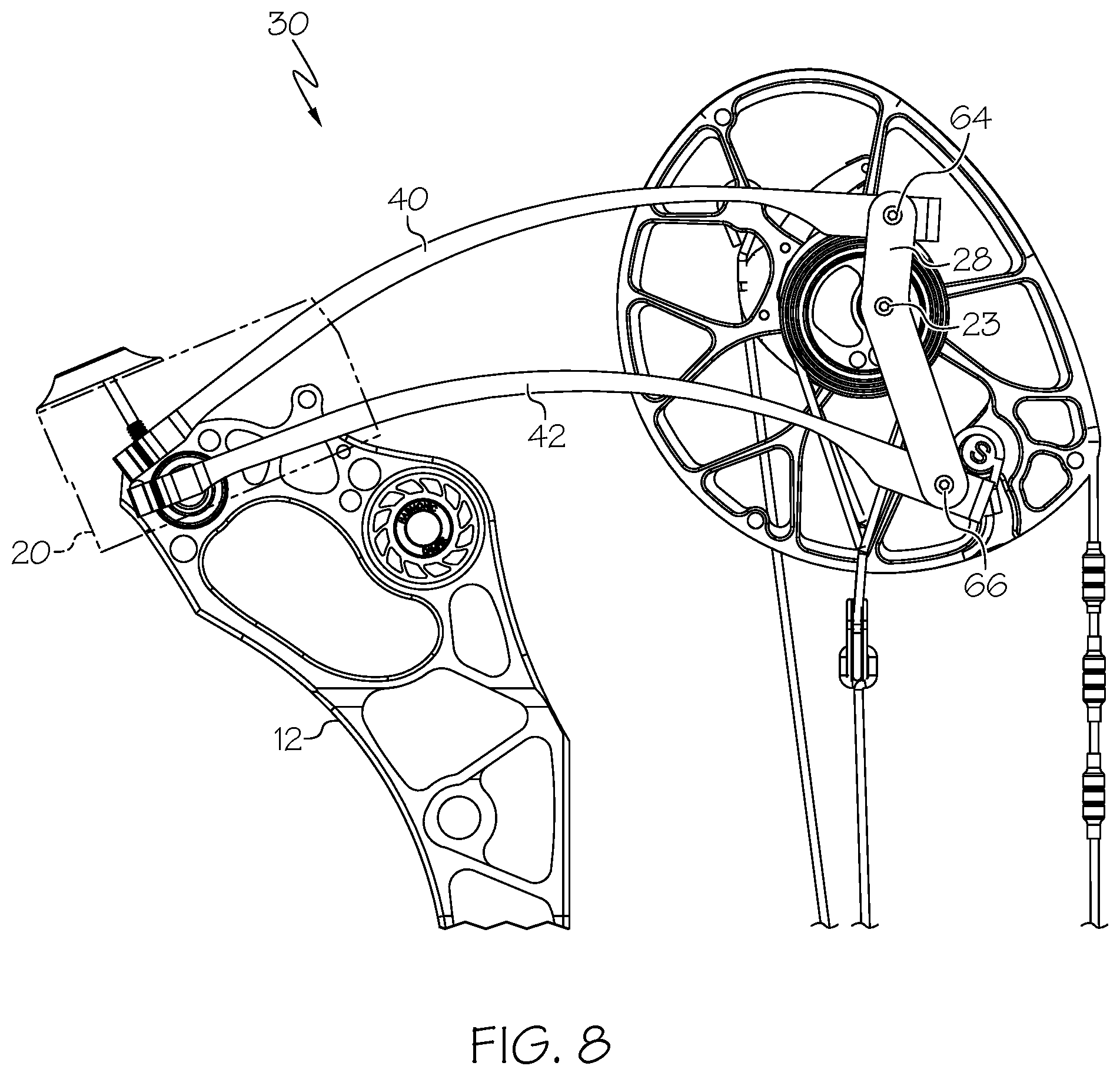 Patent US12092424 Figure 8 – Archery bow with stacked limbs
