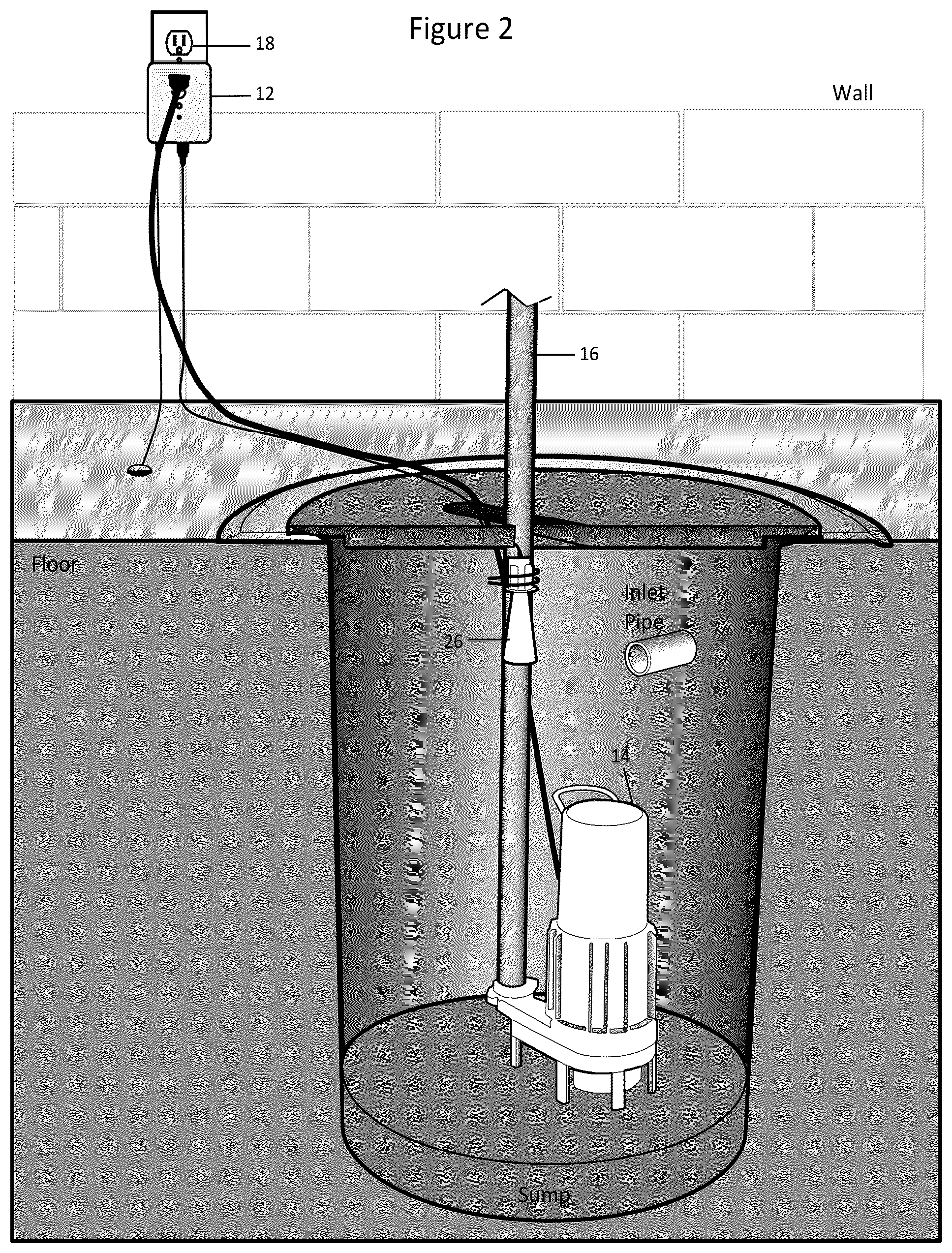Patent US12092506 Figure 2 – Sump pump system, including water level sensor shield