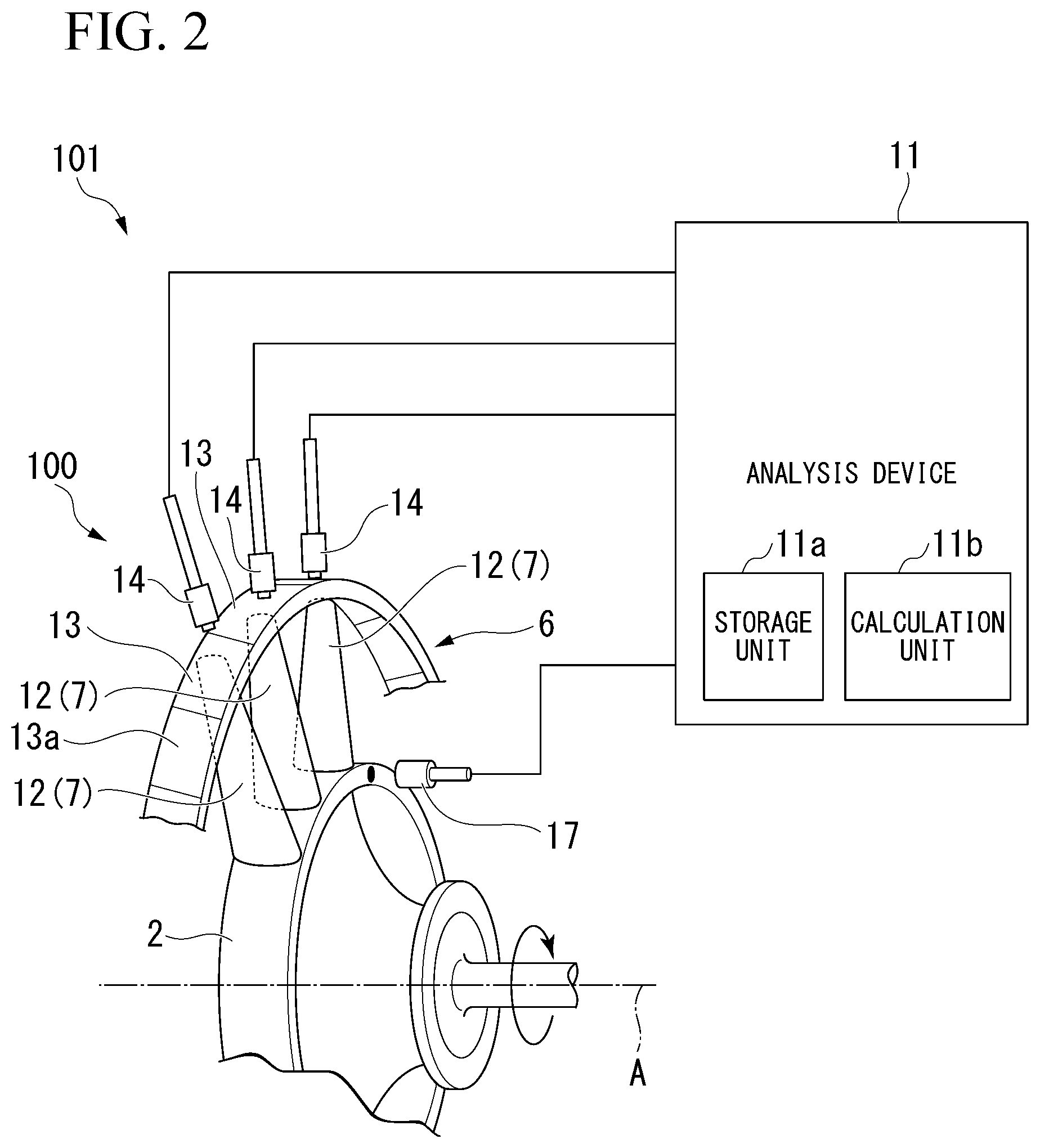 Patent US12092511 Figure 2 – Blade vibration monitoring device, blade vibration monitoring system, moving blade, and rotary machine