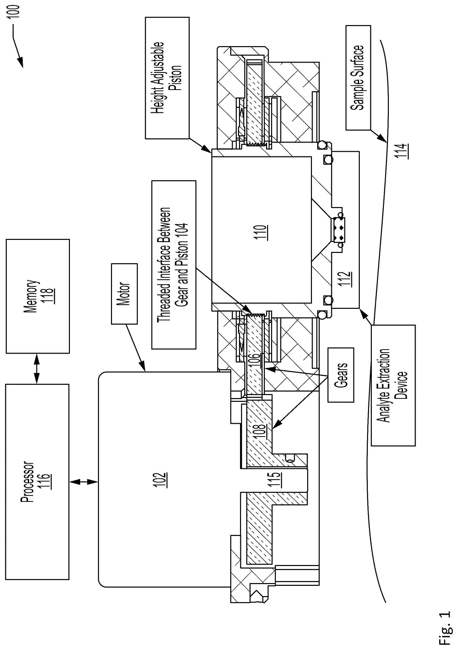 Patent US12092555 Figure 1 – Apparatus for dynamically varying extraction distance between extraction volume and sample surface