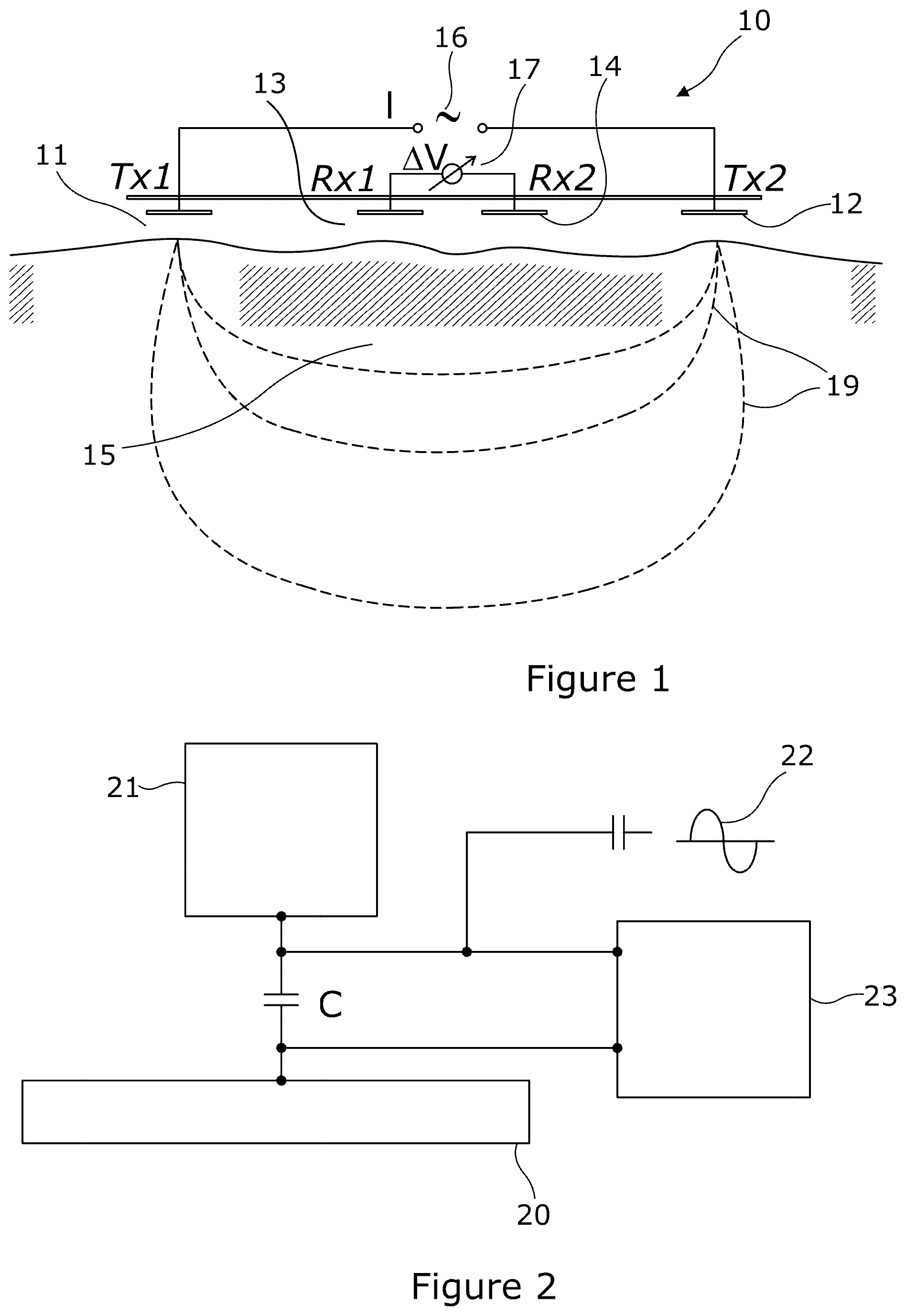 Patent US12092600 Figure 1 – Resistivity imaging system with compensator for parasitic impedances between electrodes and their conductive substrates