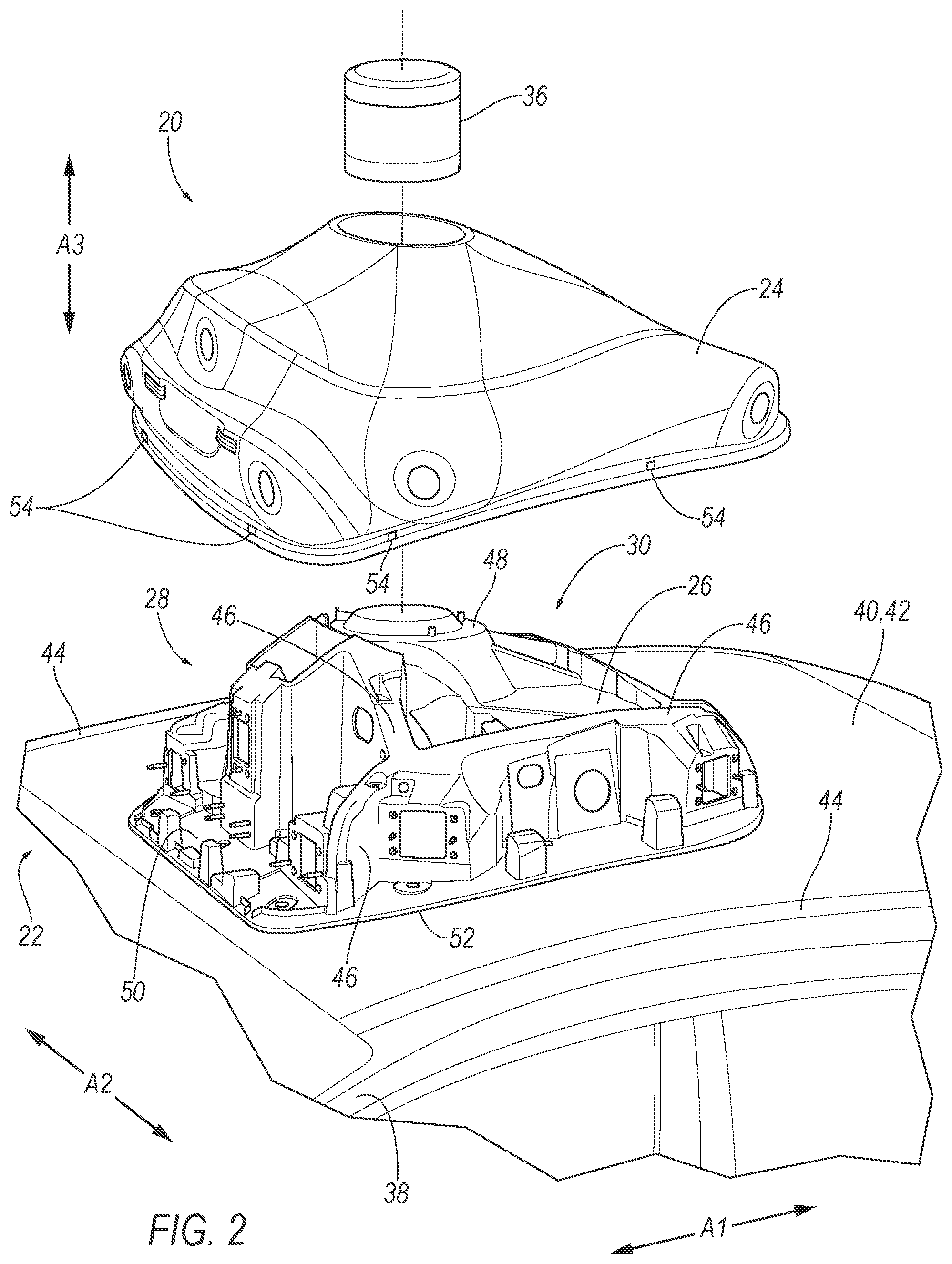 Patent US12092761 Figure 2 – Sensor assembly with drain channel