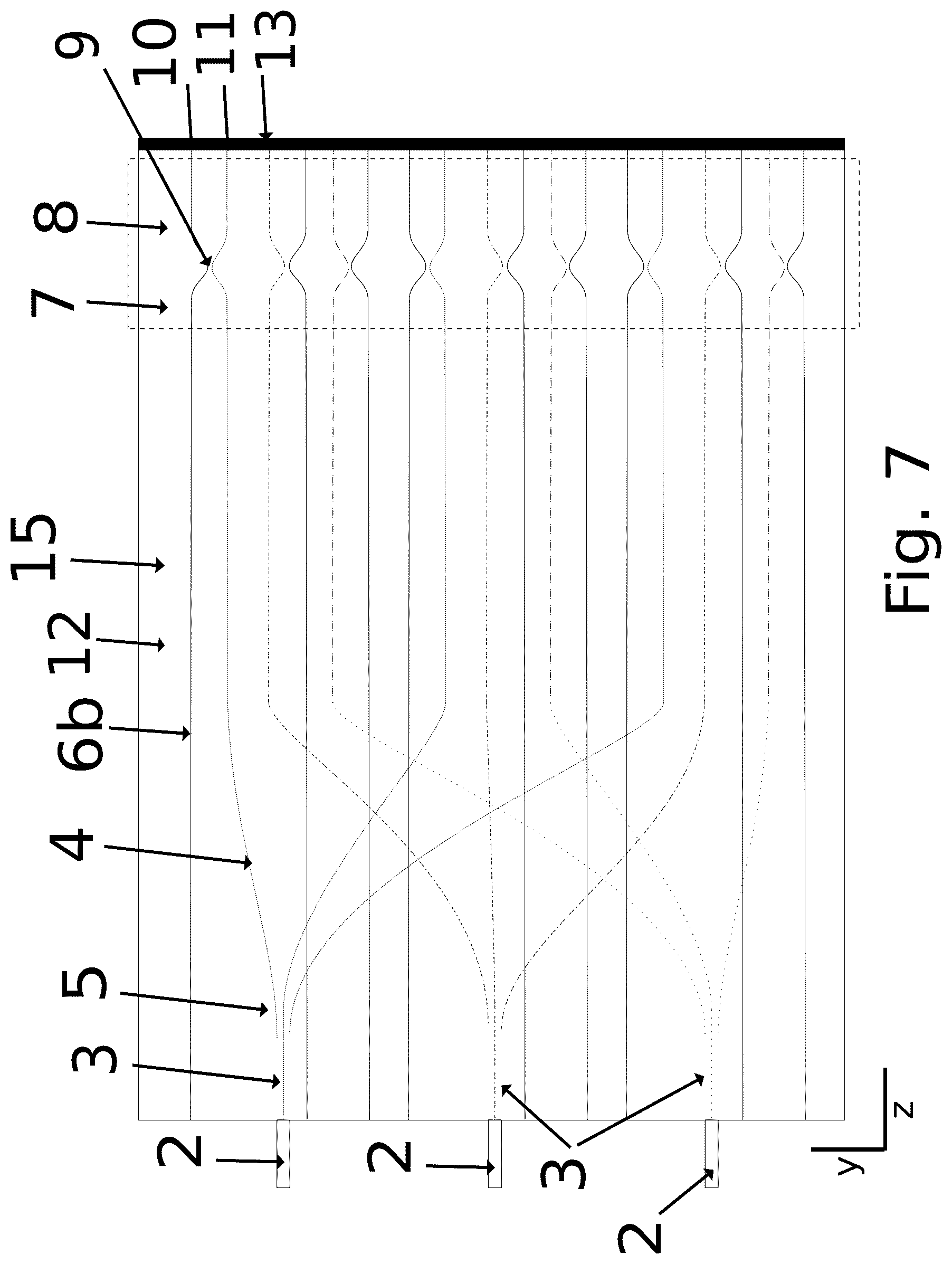 Patent US12092852 Figure 7 – Optical device having fan-out waveguides and bus waveguide