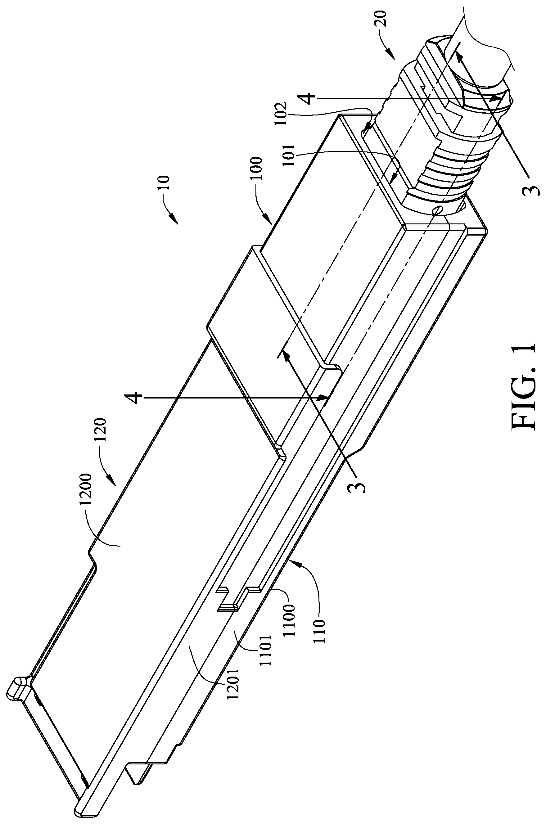 Patent US12092884 Figure 1 – Optical transceiver including connector coupler with elastic holding arm for holding connector
