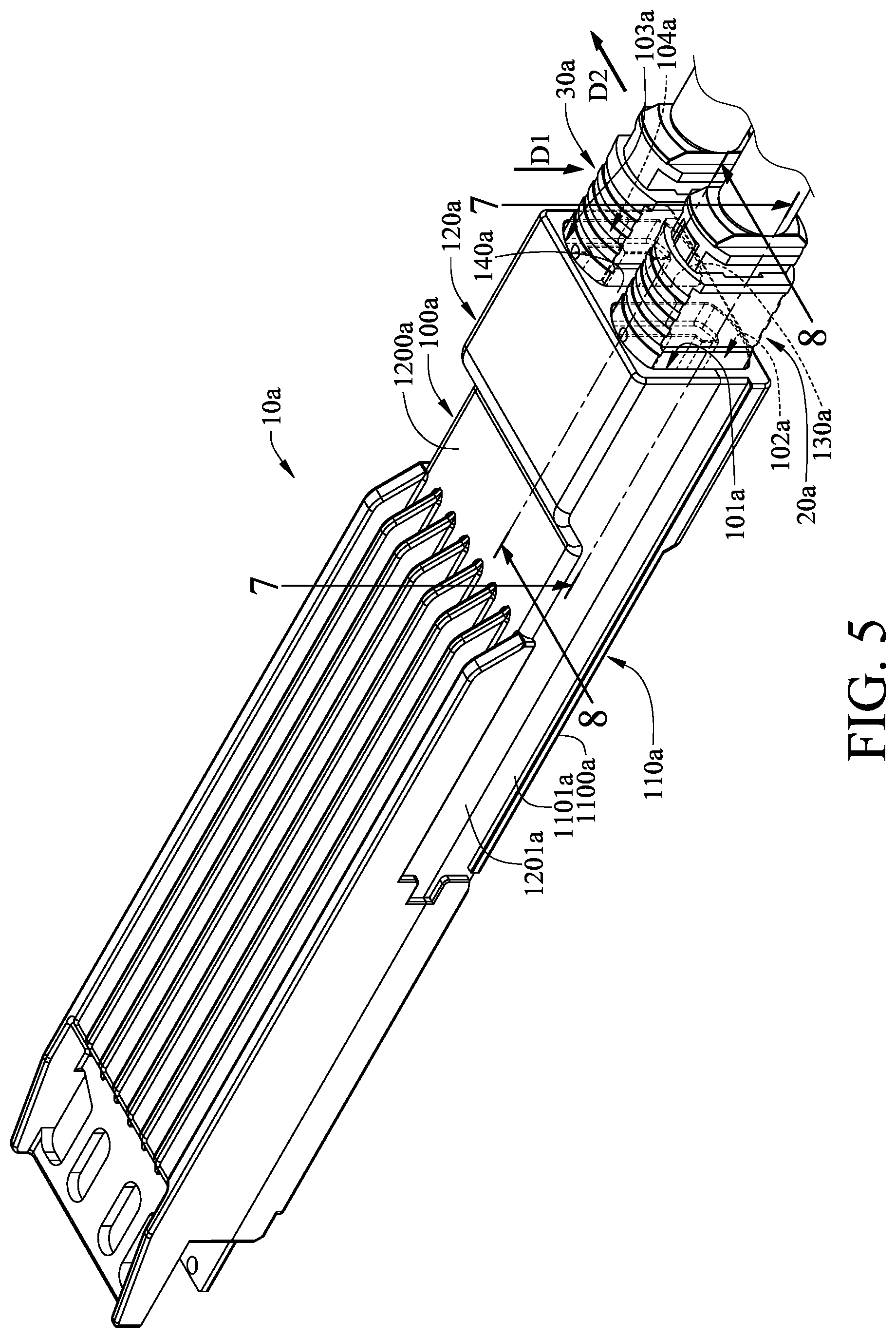 Patent US12092884 Figure 5 – Optical transceiver including connector coupler with elastic holding arm for holding connector