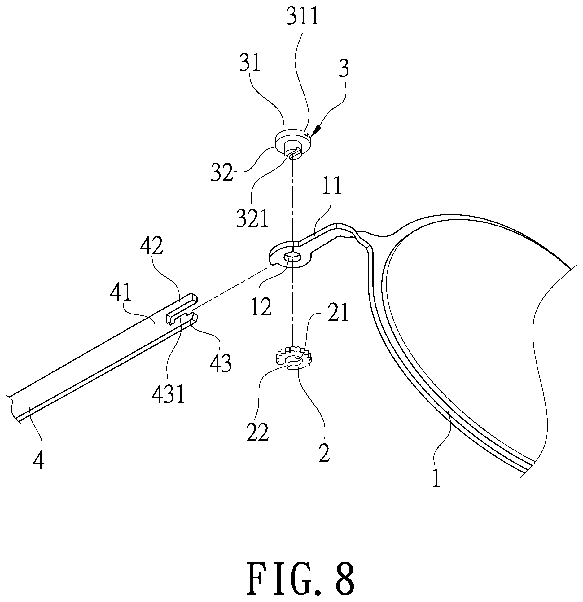 Patent US12092901 Figure 8 – Eyeglasses assembly structure