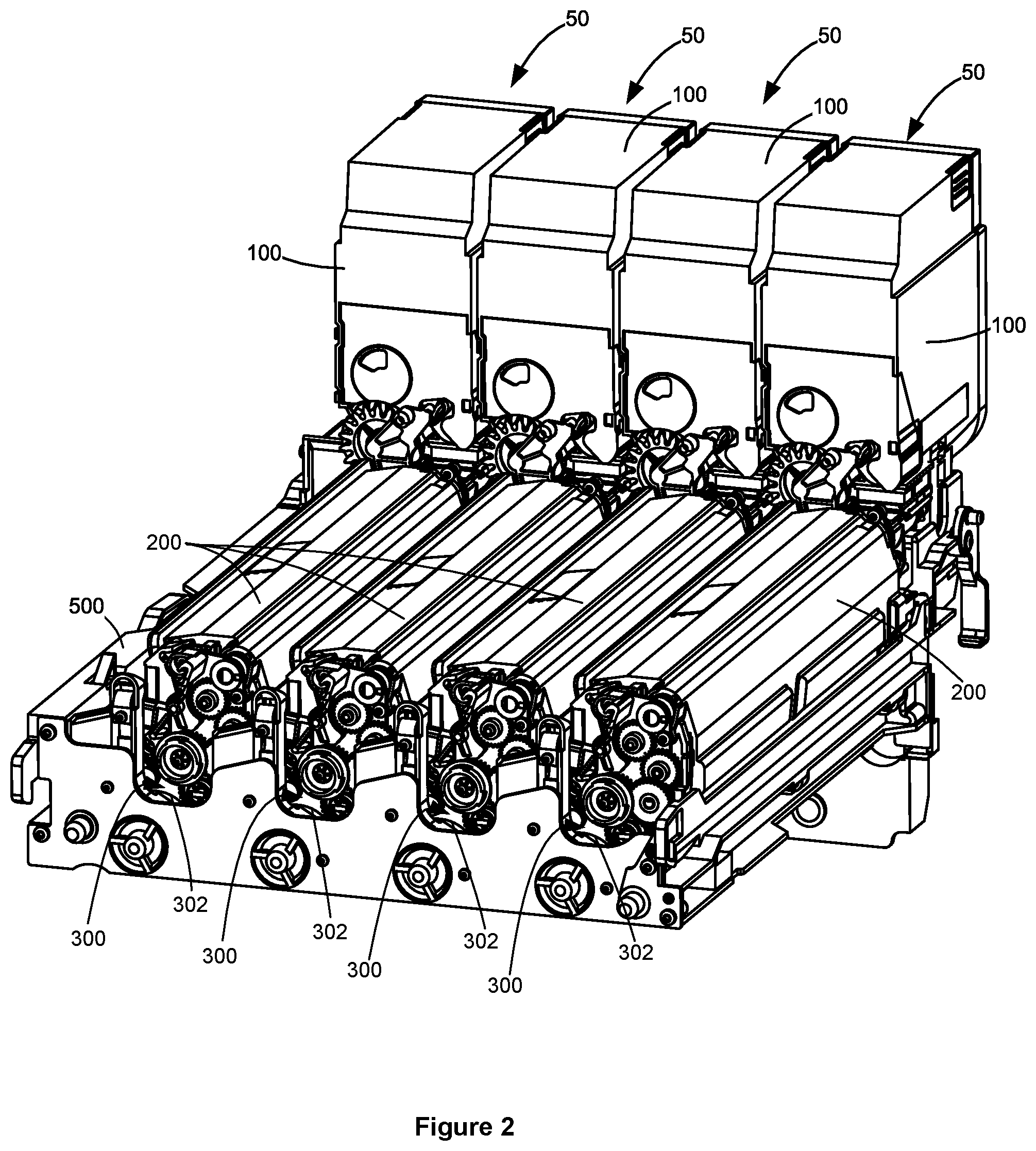 Patent US12092990 Figure 2 – Toner containers having electrical connectors of different positions