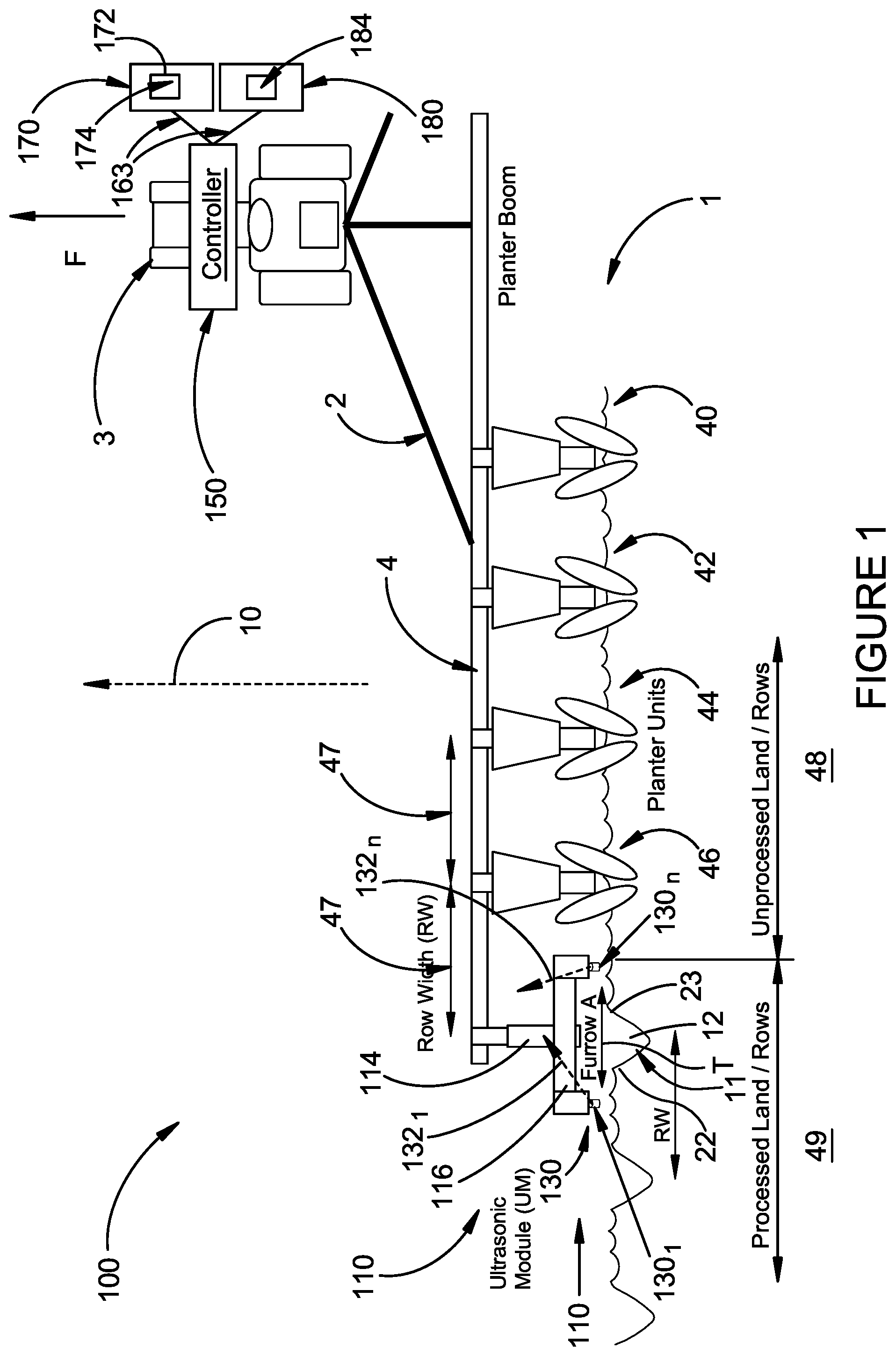 Patent US12096708 Figure 1 – Automatic guidance assist system using ground pattern sensors