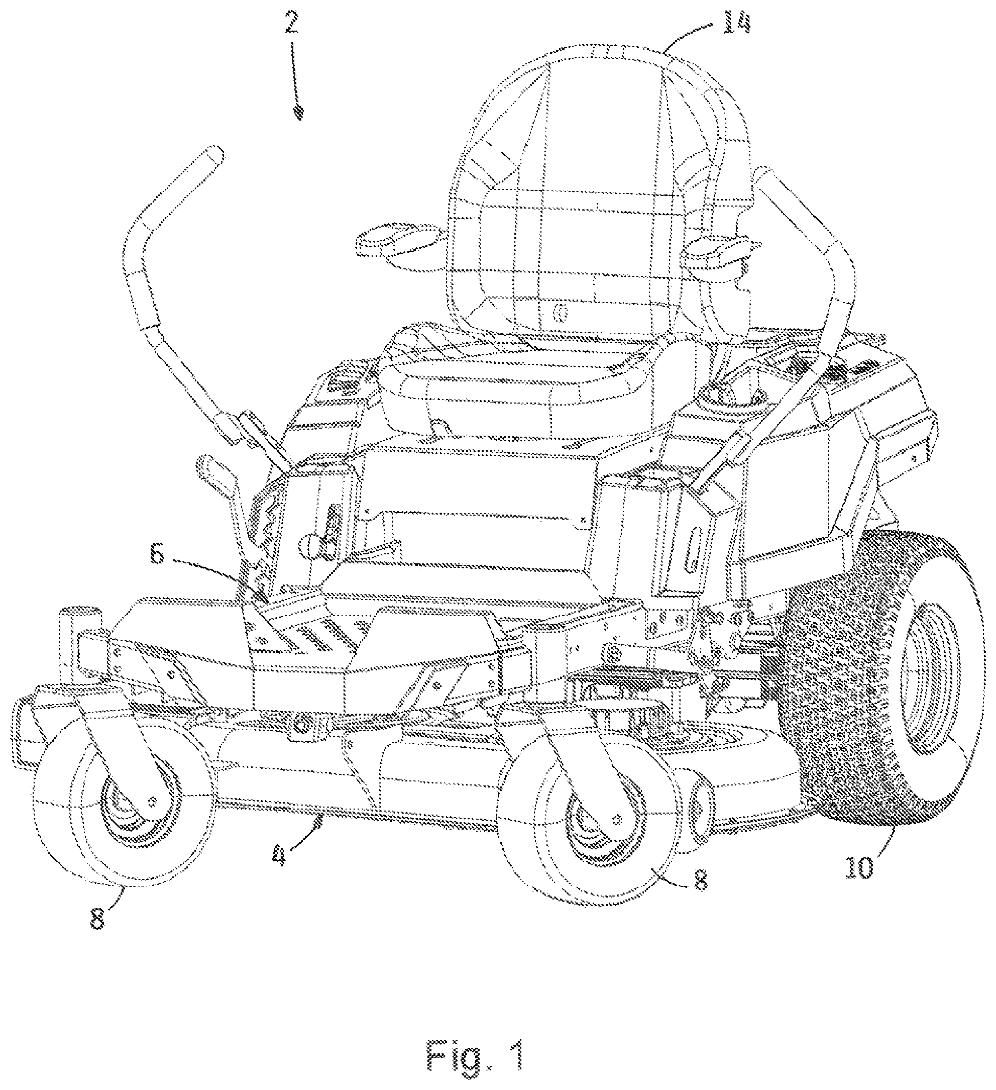 Patent US12096720 Figure 1 – Rotary mower with cutting deck with bidirectional cutting blades