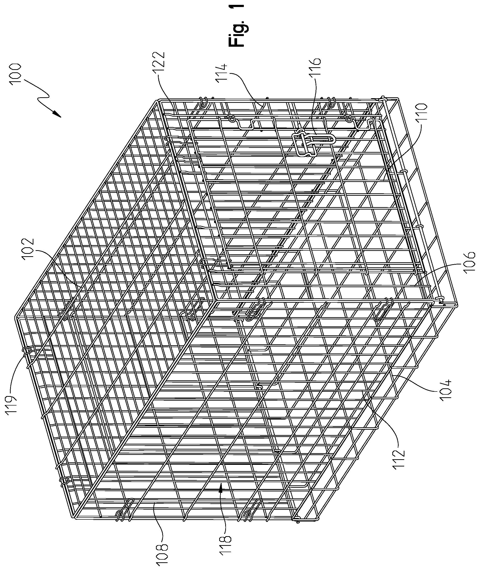 Patent US12096745 Figure 1 – Animal crate with swing or drop door assembly