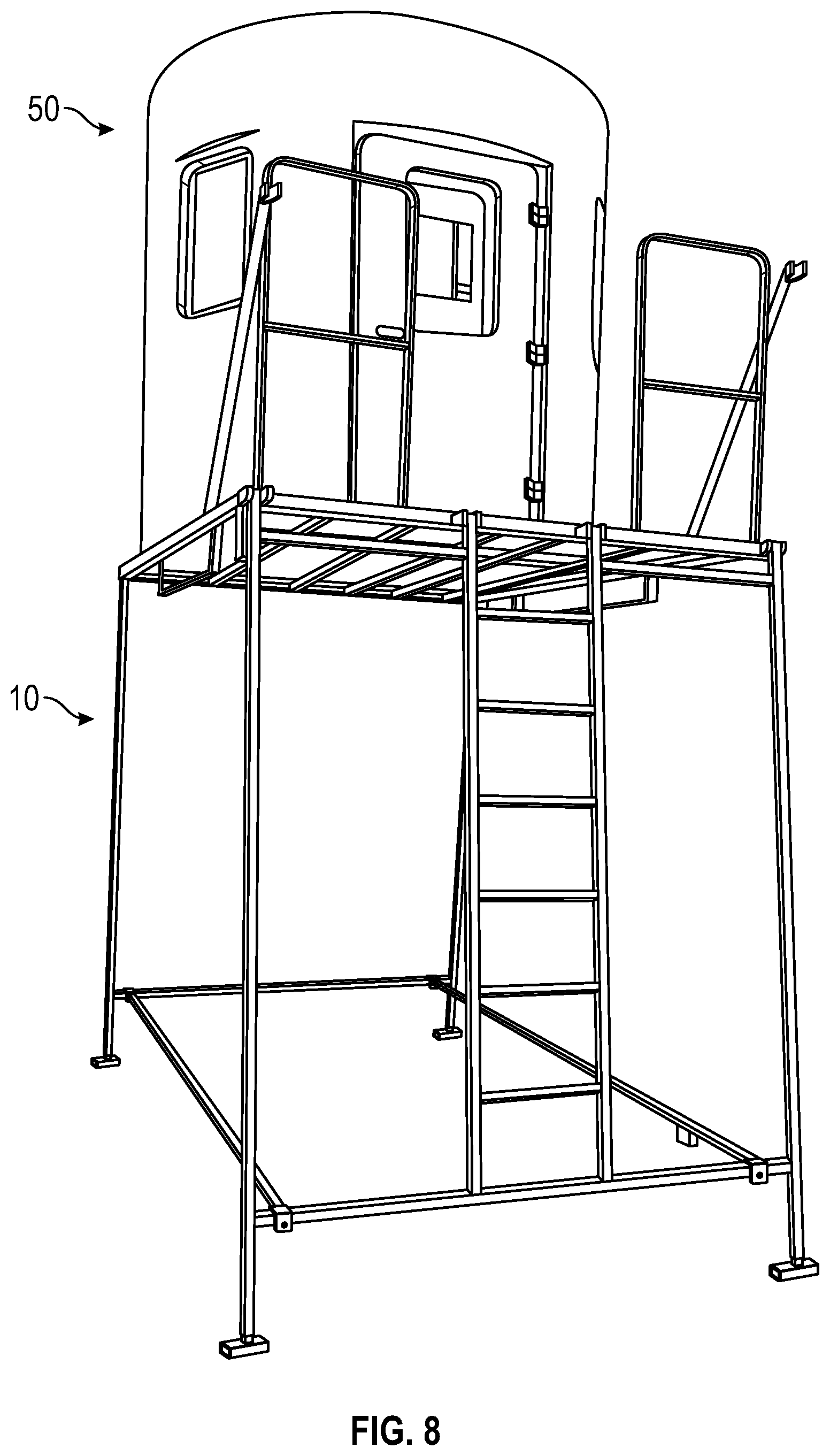 Patent US12096764 Figure 8 – Deer stand with fork lift set up