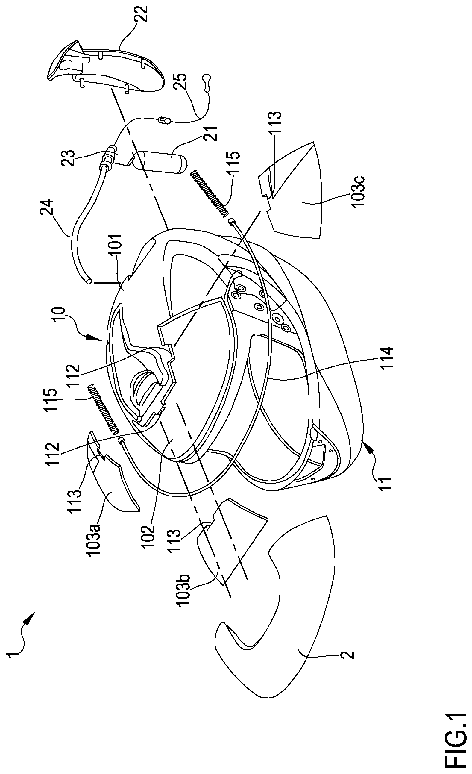 Patent US12096814 Figure 1 – Protective helmet with airbag
