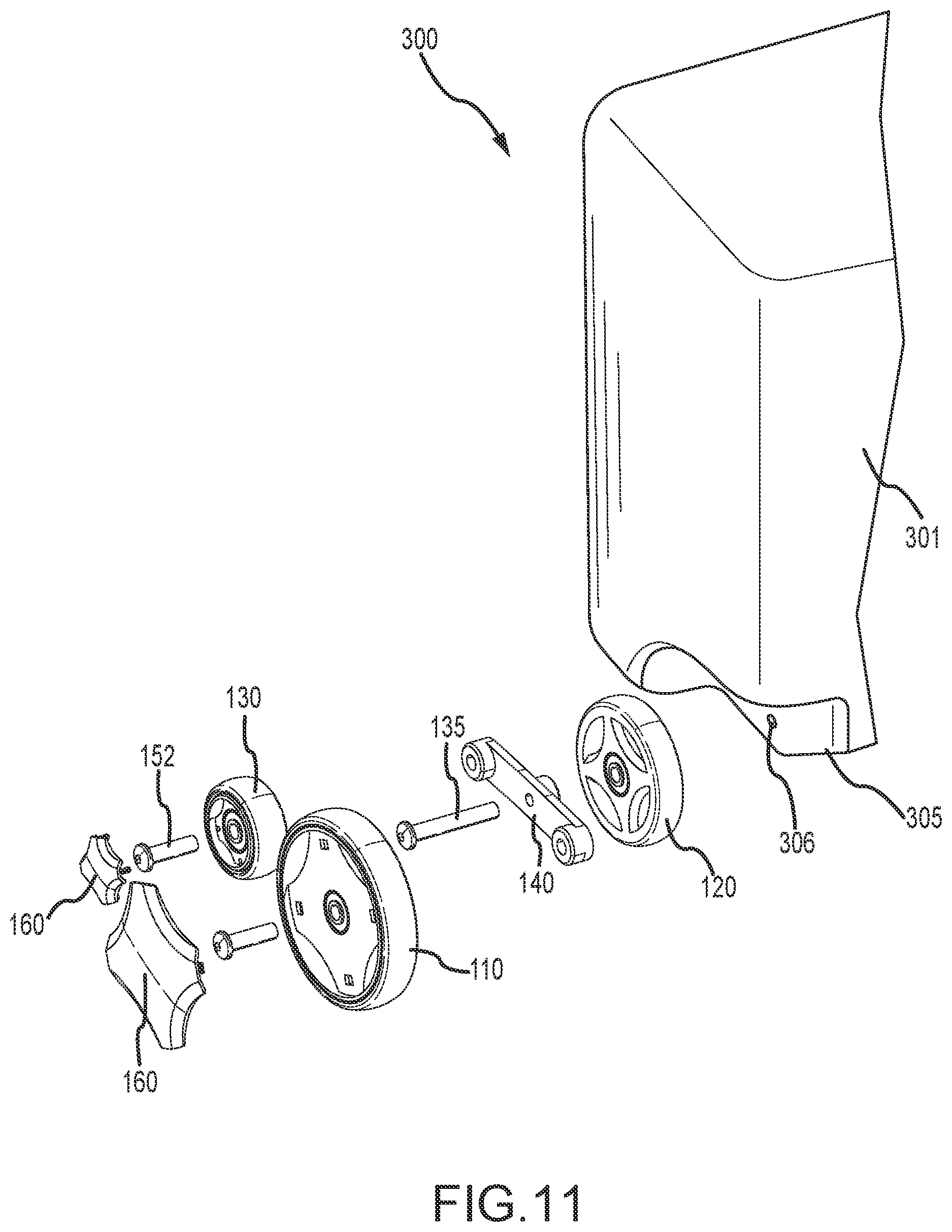 Patent US12096832 Figure 11 – Multi-wheel system for luggage