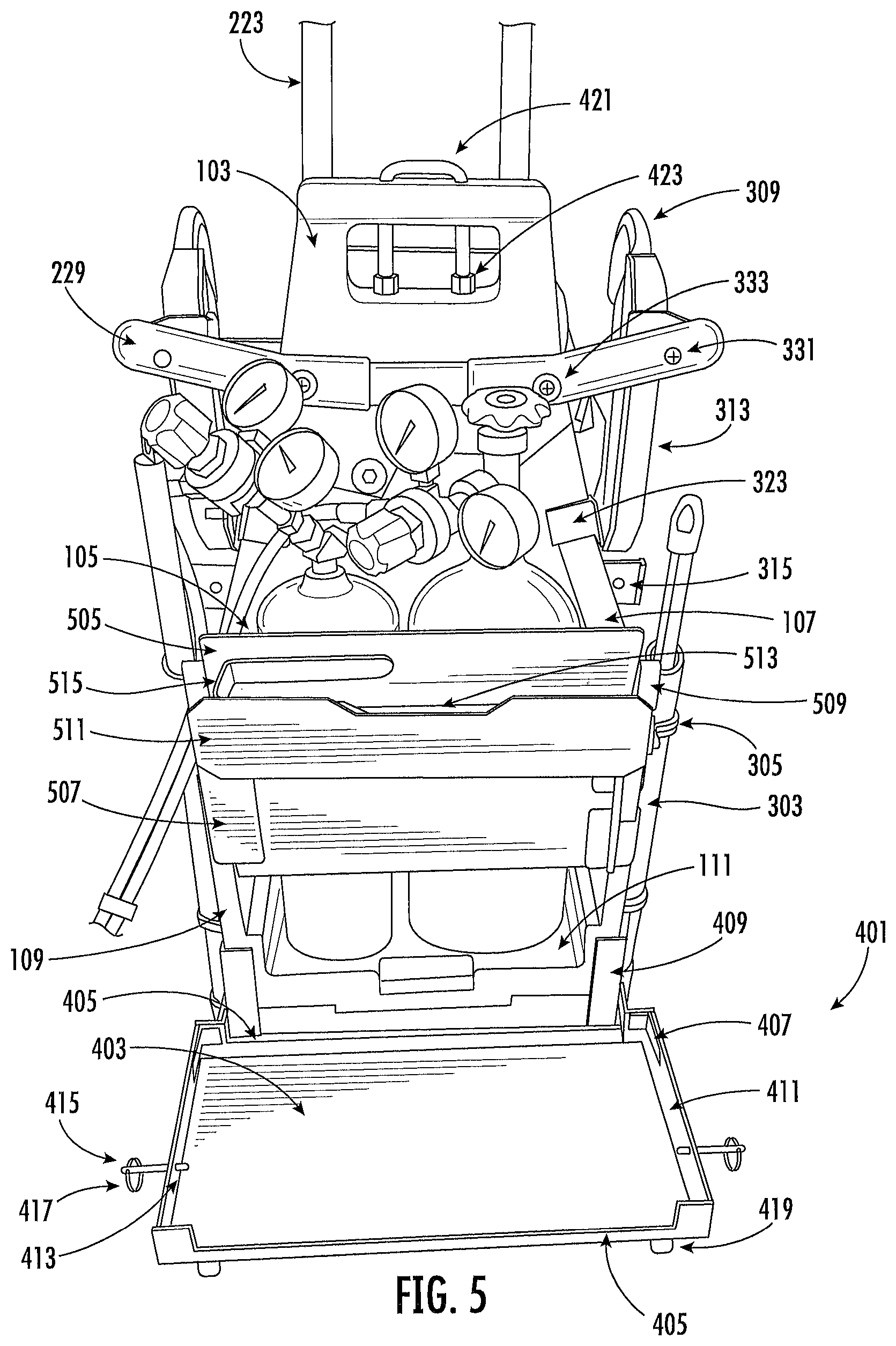 Patent US12096841 Figure 5 – Tank carrier with backpack straps and dolly