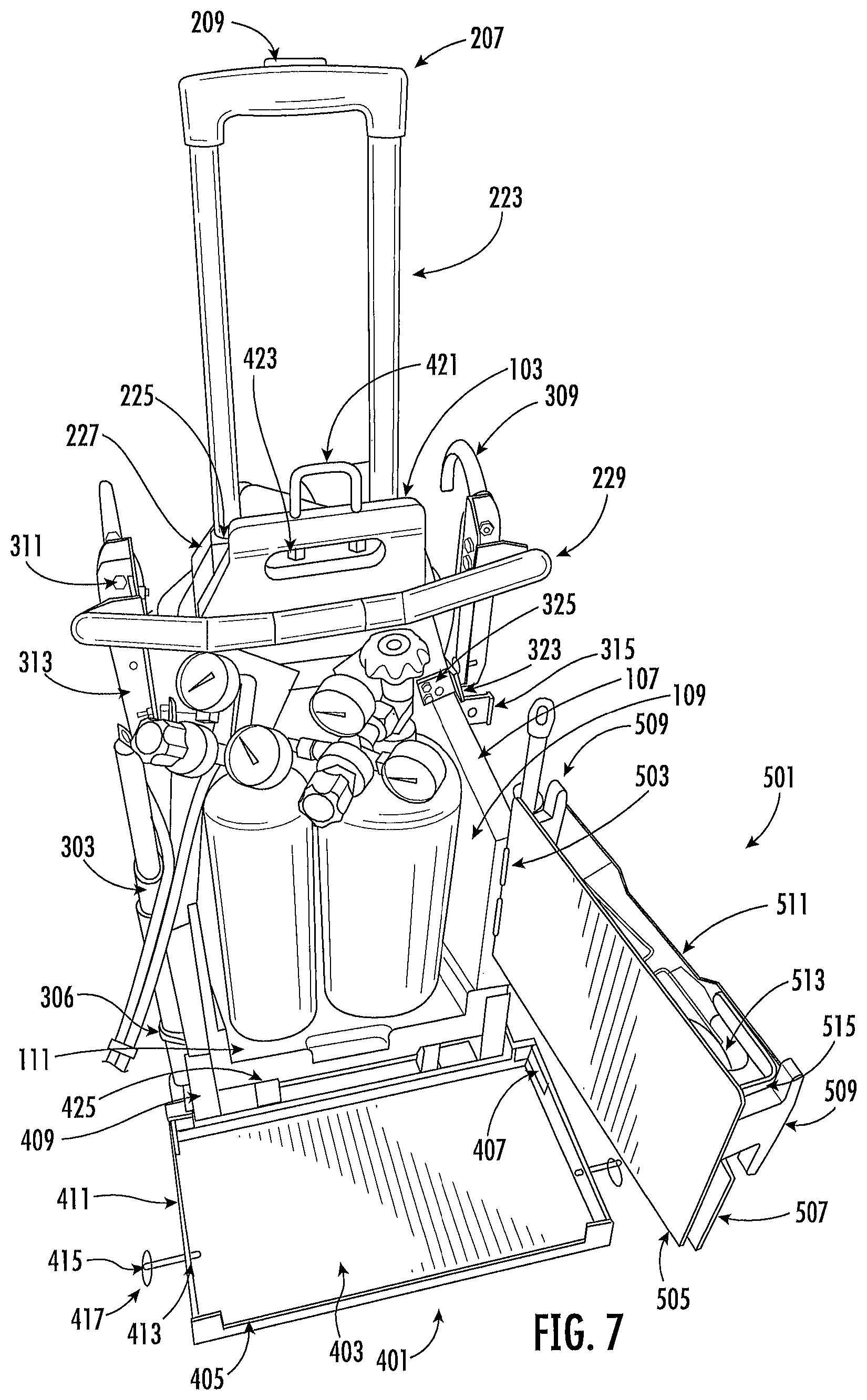 Patent US12096841 Figure 7 – Tank carrier with backpack straps and dolly