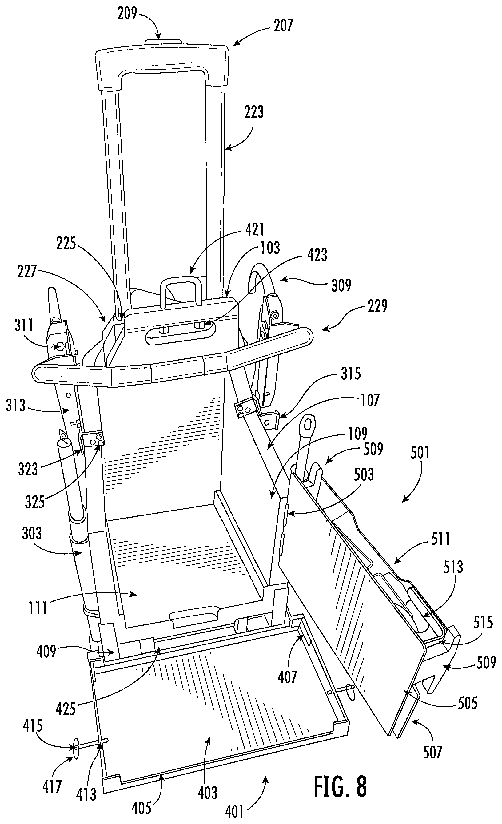Patent US12096841 Figure 8 – Tank carrier with backpack straps and dolly