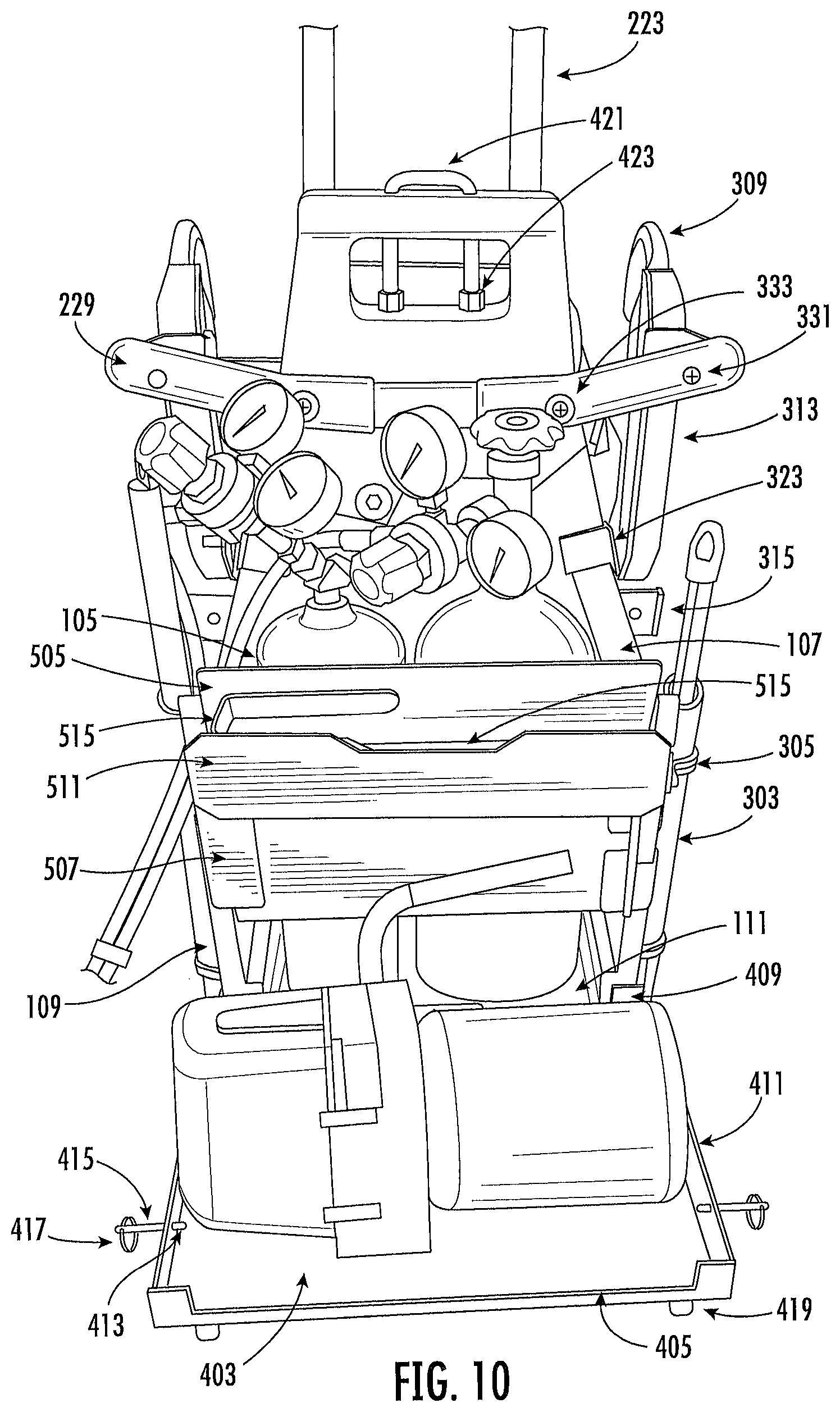 Patent US12096841 Figure 10 – Tank carrier with backpack straps and dolly