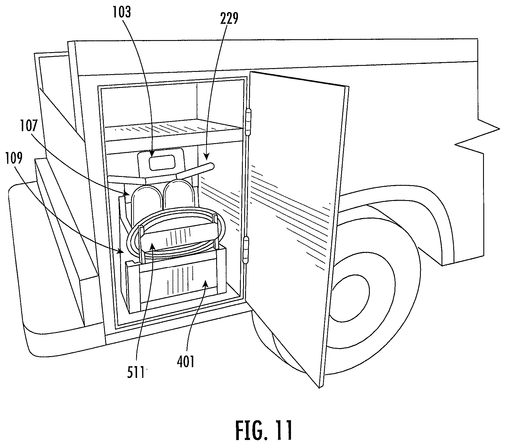 Patent US12096841 Figure 11 – Tank carrier with backpack straps and dolly