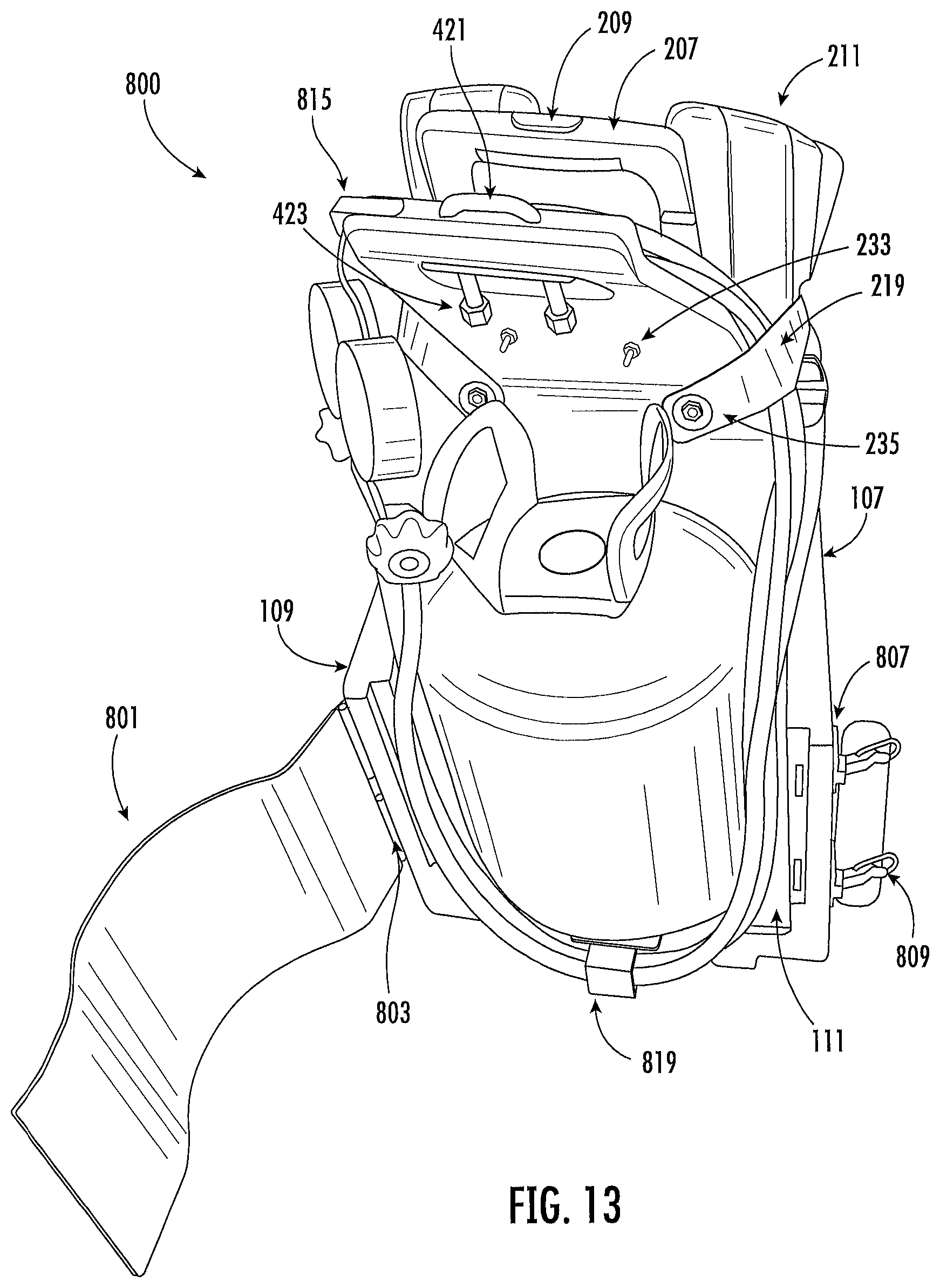Patent US12096841 Figure 13 – Tank carrier with backpack straps and dolly