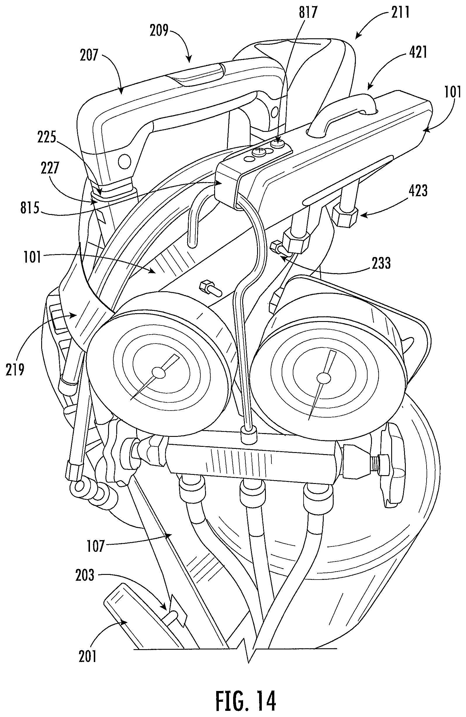 Patent US12096841 Figure 14 – Tank carrier with backpack straps and dolly