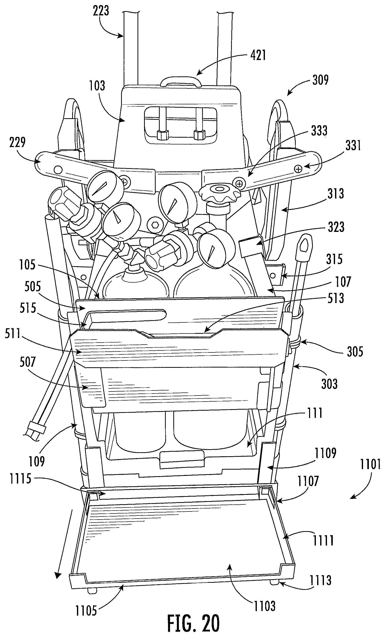 Patent US12096841 Figure 20 – Tank carrier with backpack straps and dolly