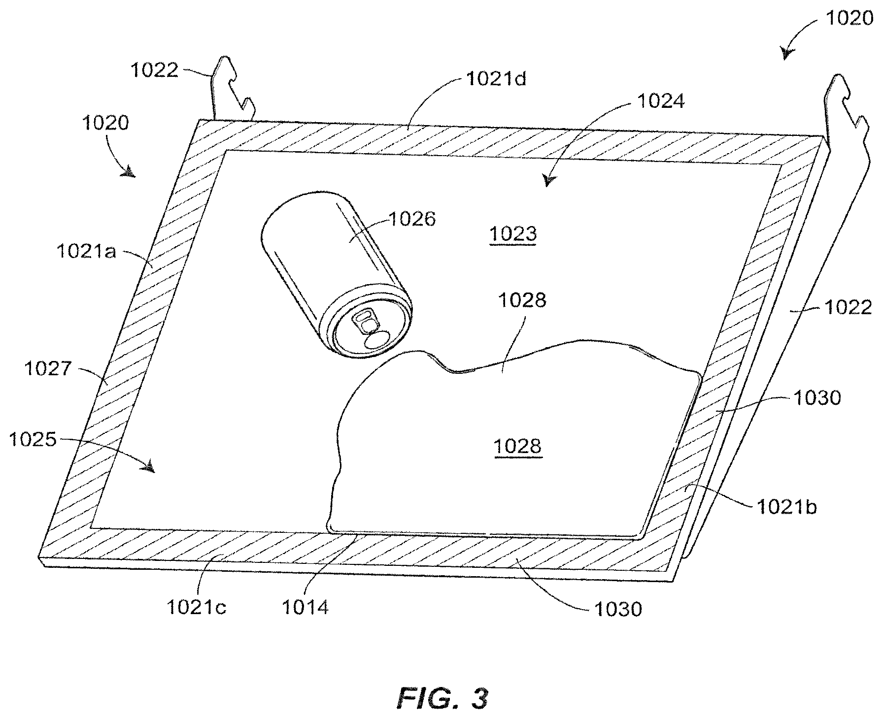 Patent US12096854 Figure 3 – Spill containing refrigerator shelf assembly