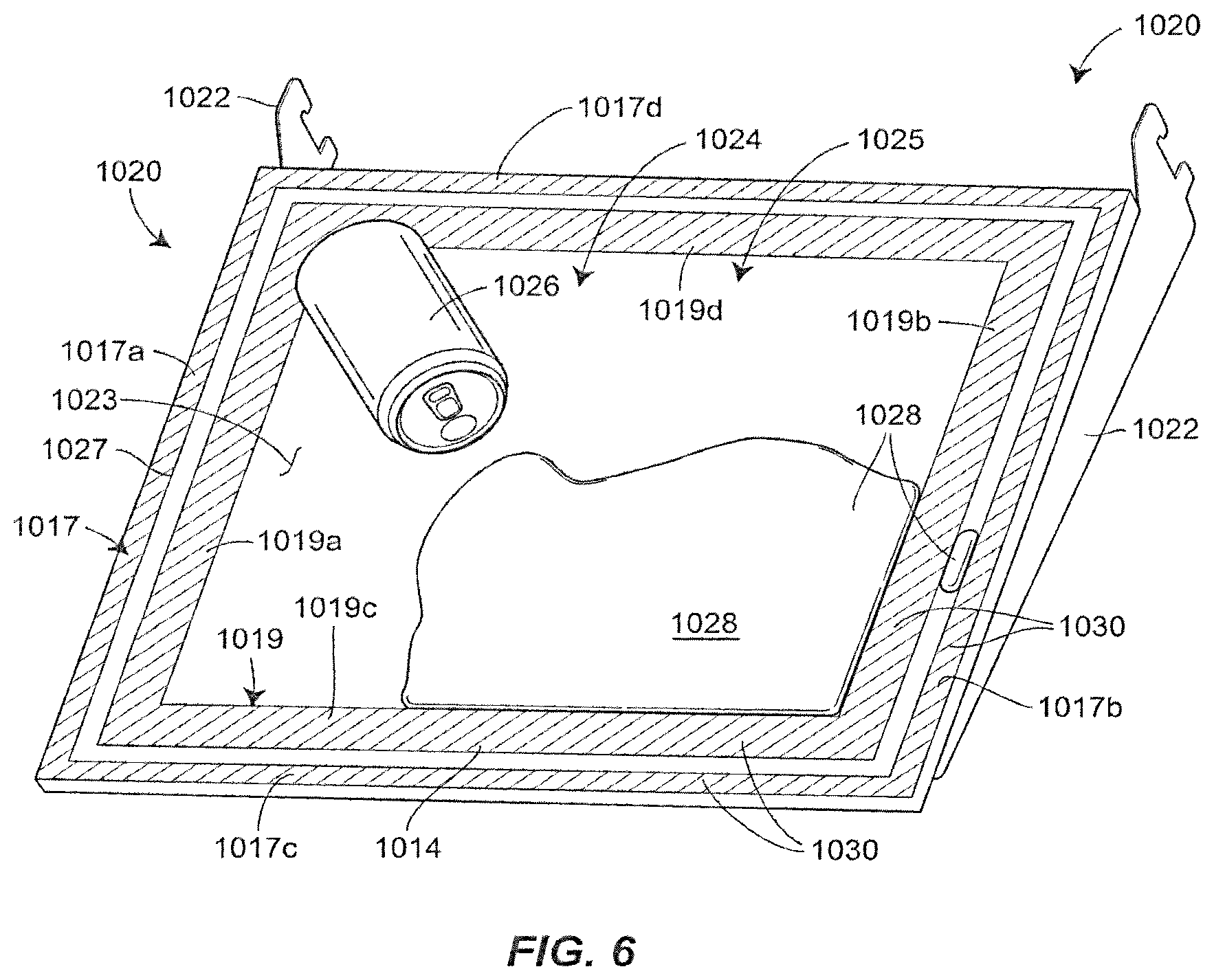 Patent US12096854 Figure 6 – Spill containing refrigerator shelf assembly