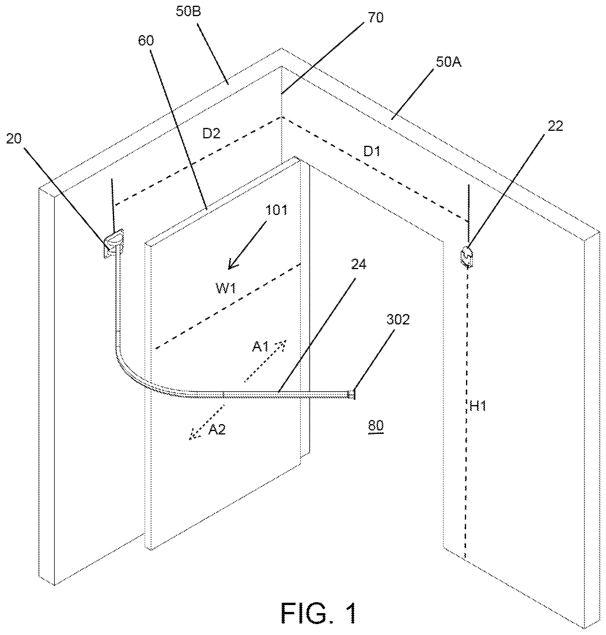 Patent US12096872 Figure 1 – System and method for supporting a privacy curtain including a swing arm wall mount and end stop cap support