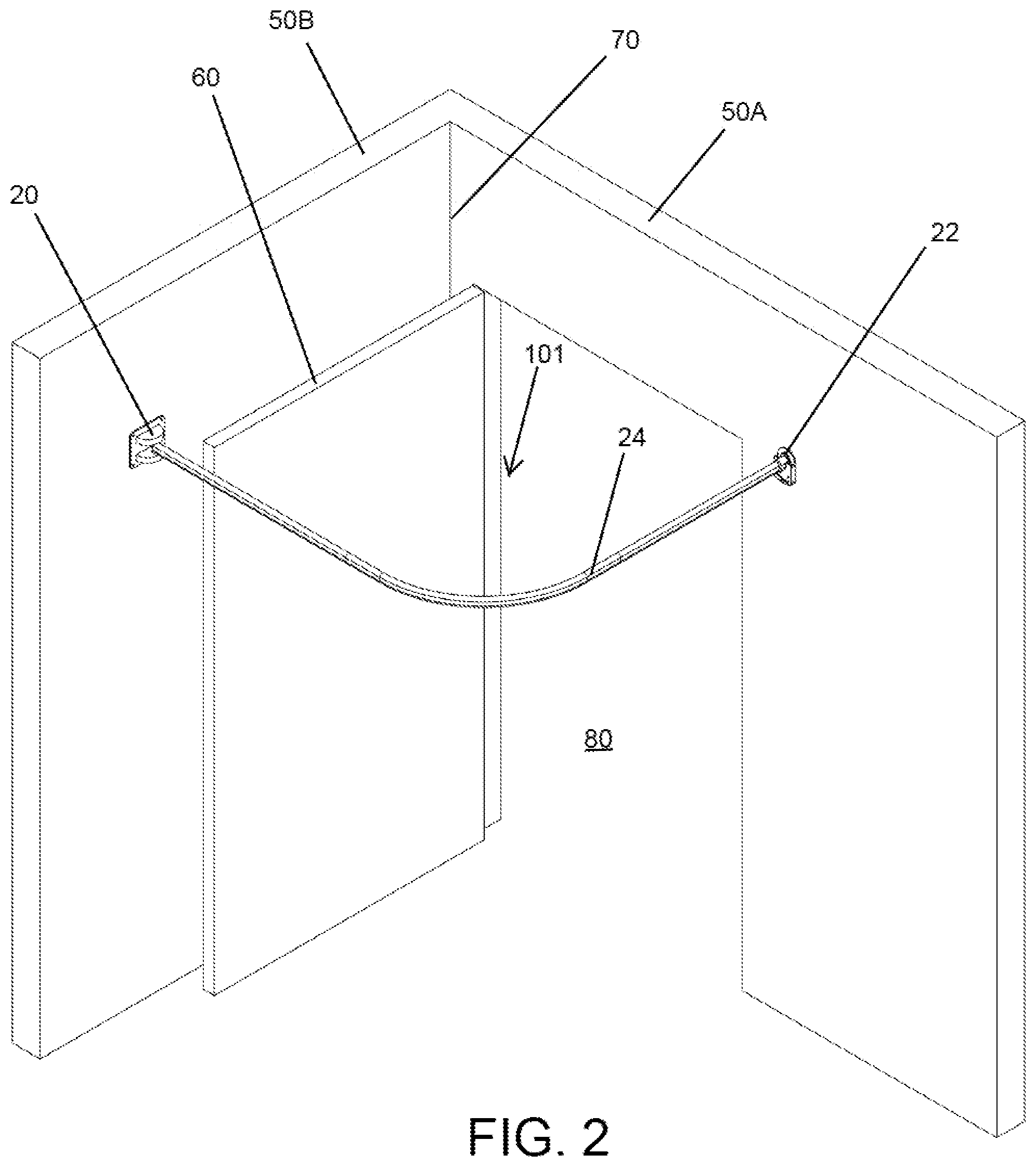 Patent US12096872 Figure 2 – System and method for supporting a privacy curtain including a swing arm wall mount and end stop cap support