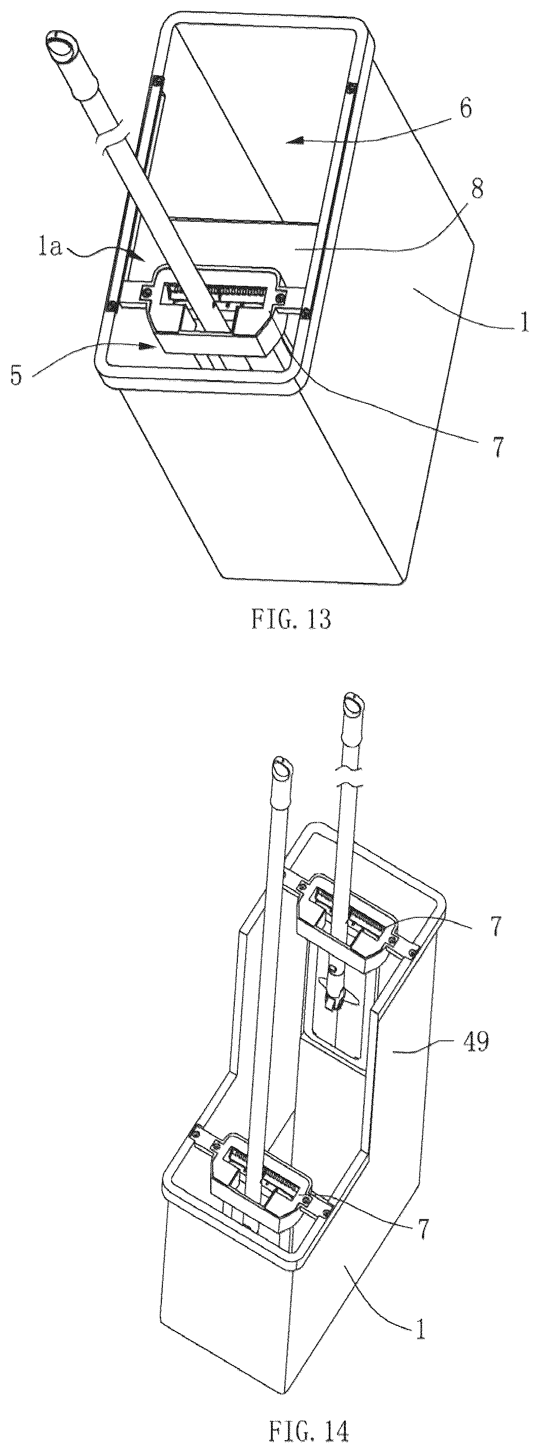 Patent US12096899 Figure 7 – Mop bucket for cleaning and squeezing a flat mop