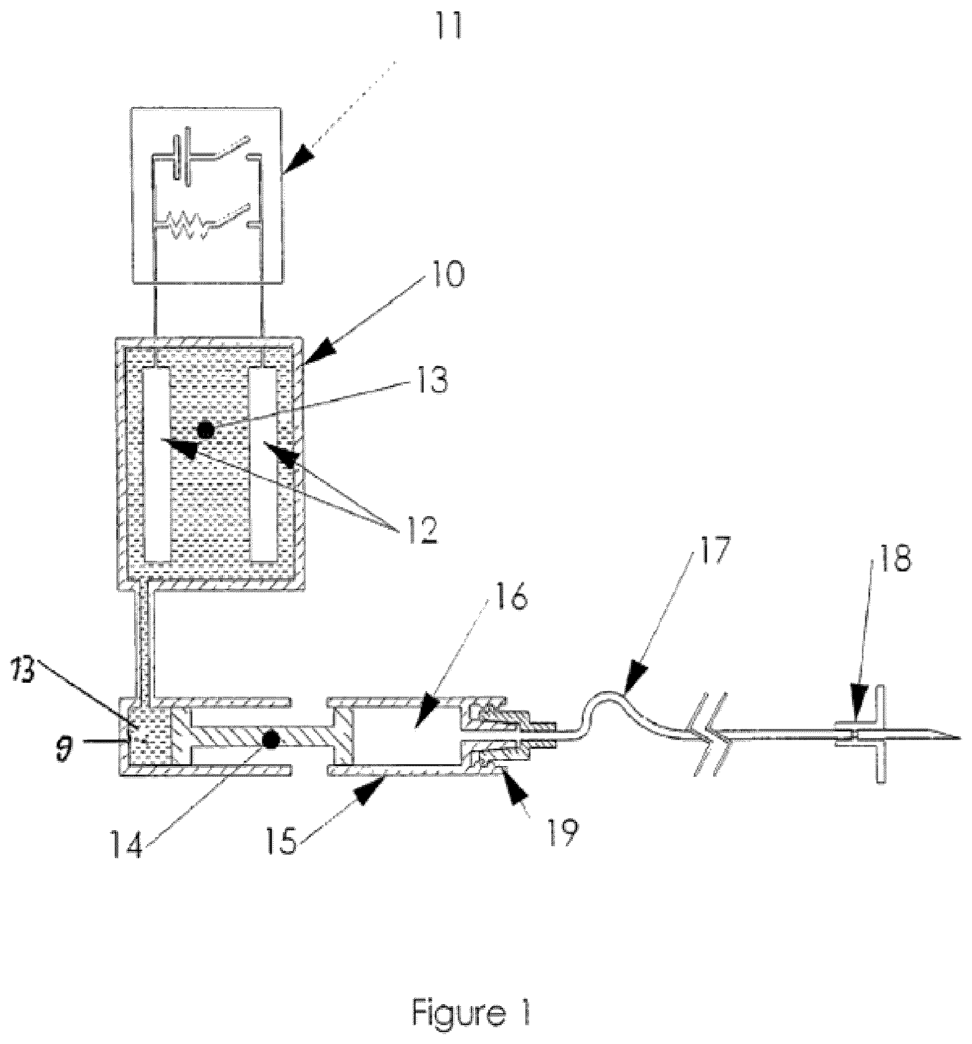 Patent US12097028 Figure 1 – Drug delivery device with electrically controlled volume changing means
