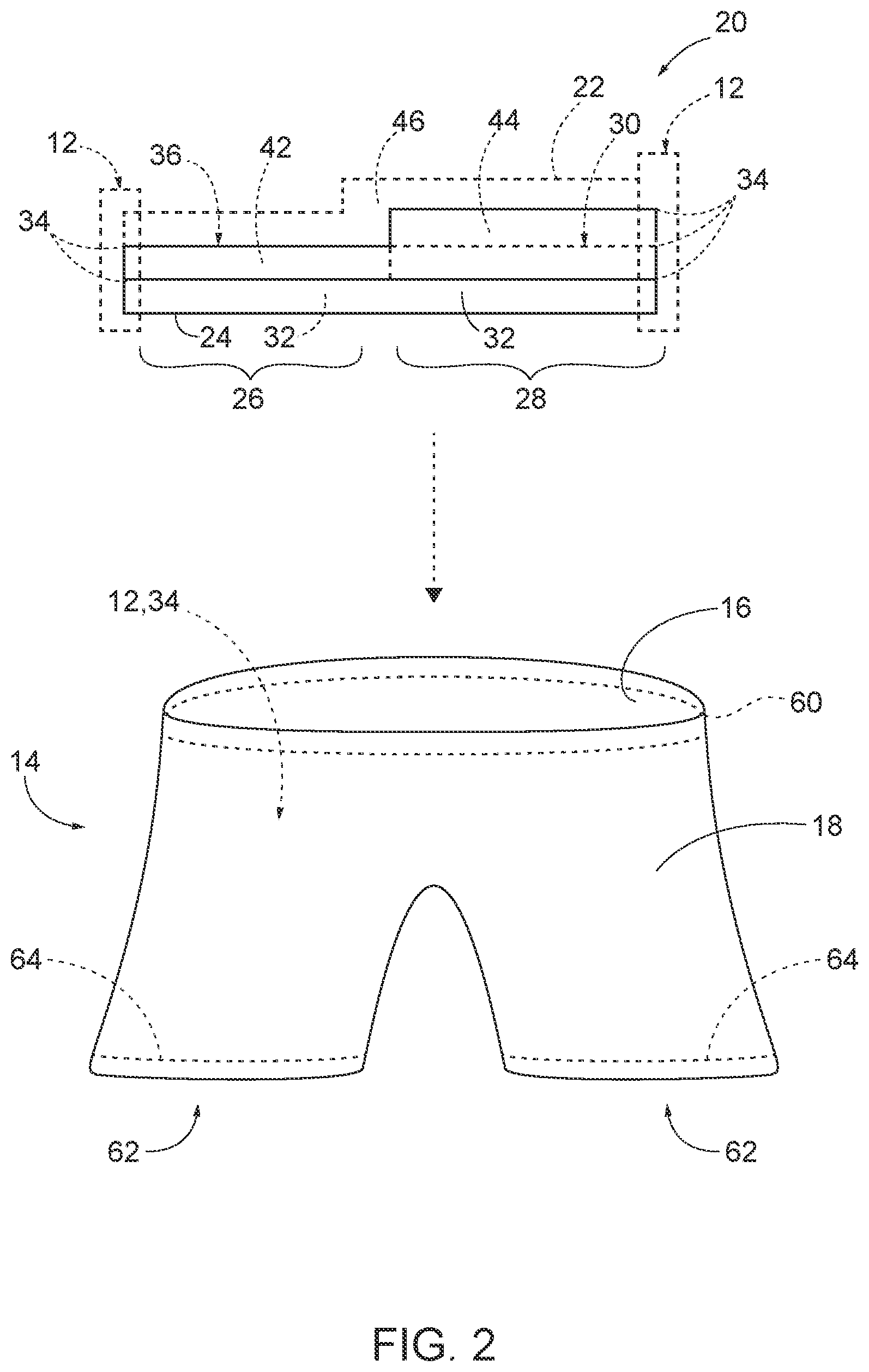 Patent US12097103 Figure 2 – Garments with fluid retention assemblies and related methods