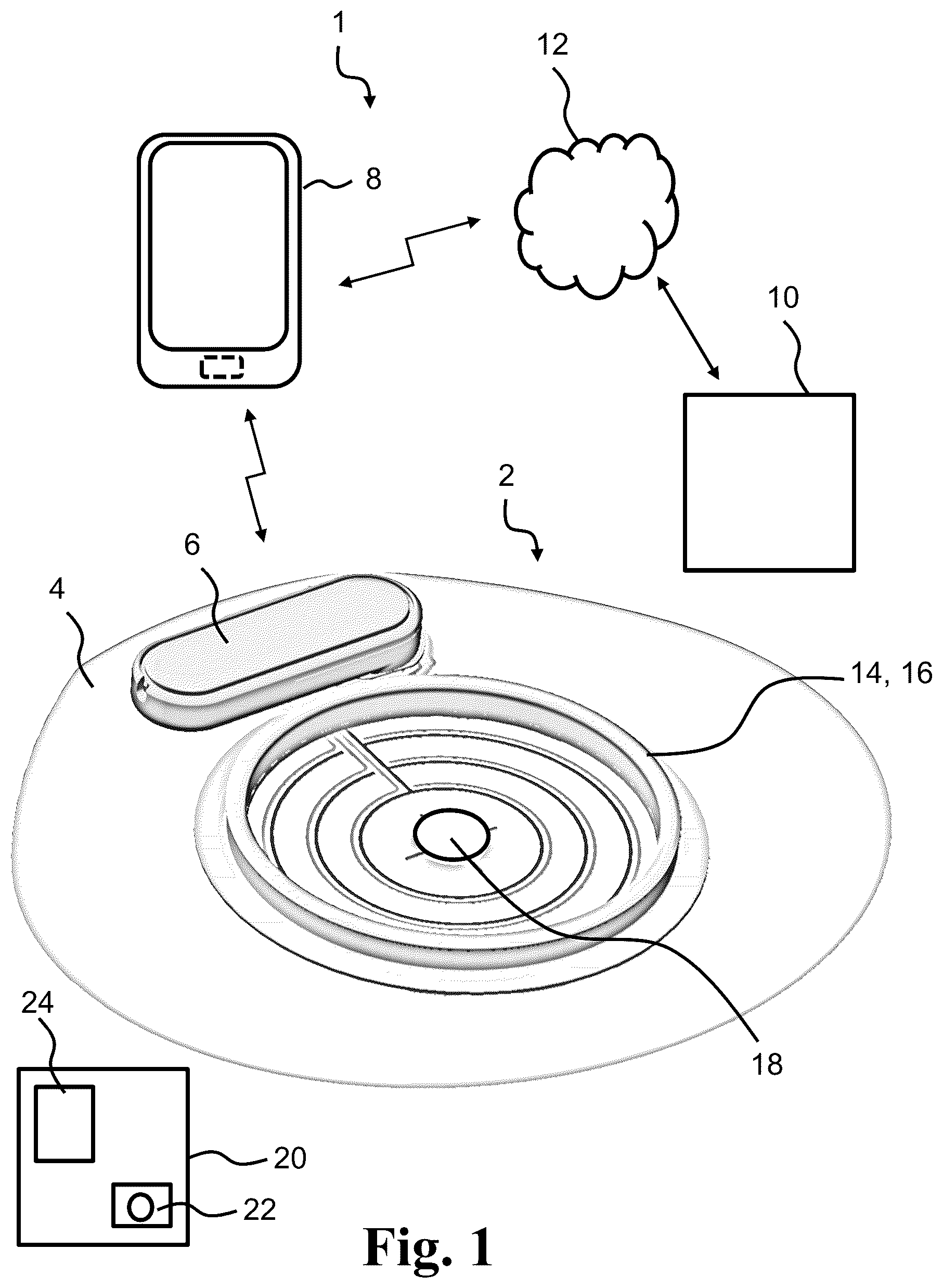 Patent US12097141 Figure 1 – Medical system having a monitor attachable to an ostomy appliance and to a docking station