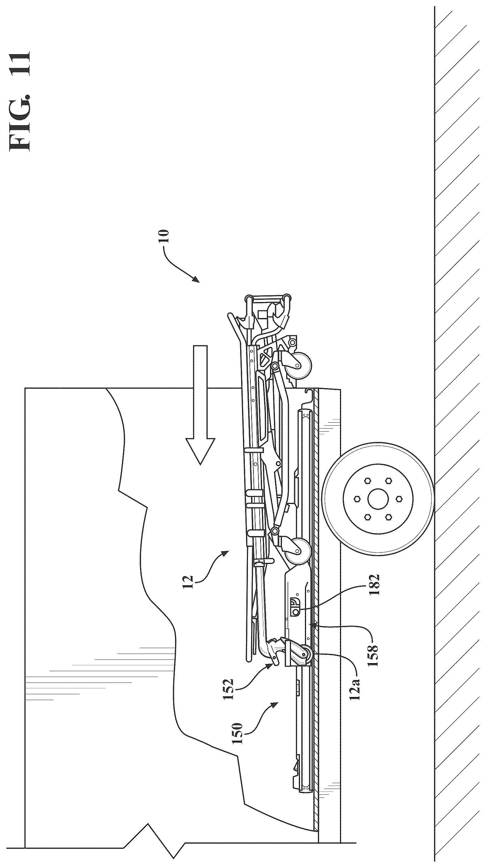 Patent US12097157 Figure 11 – Patient support apparatus with powered unloading dynamic weigh adjustment